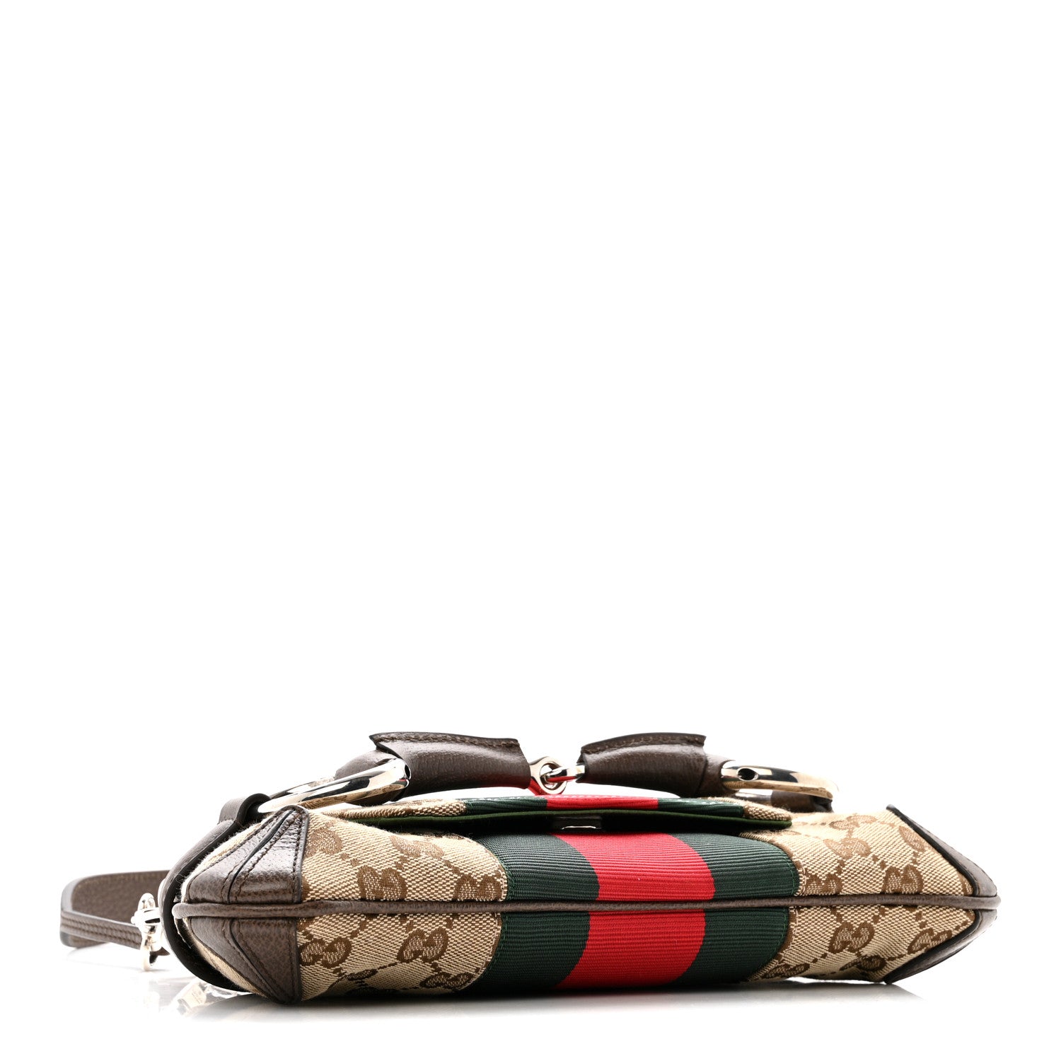Gucci Monogram Textured Dollar Calfskin Heavy Grosgrain Web Small Maxi Horsebit Chain Shoulder Bag Beige Ebony New Acero 4 of 14