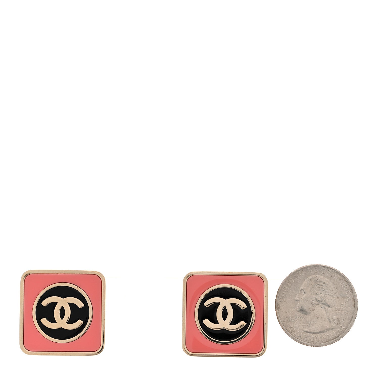 Chanel Metal Enamel CC Square Earrings Gold Pink Black 2 of 5