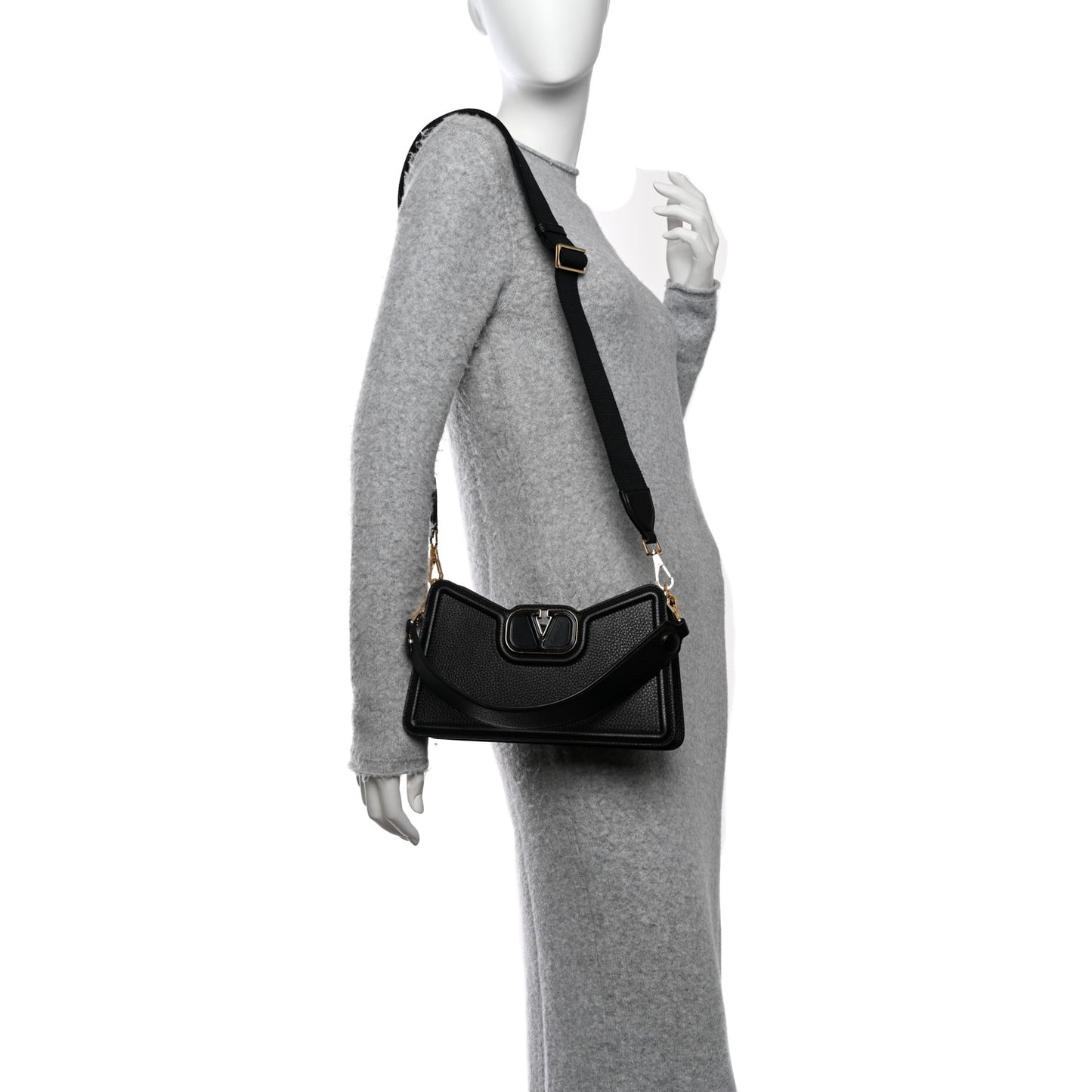 Grainy Calfskin VLogo Leather Shoulder Bag Black