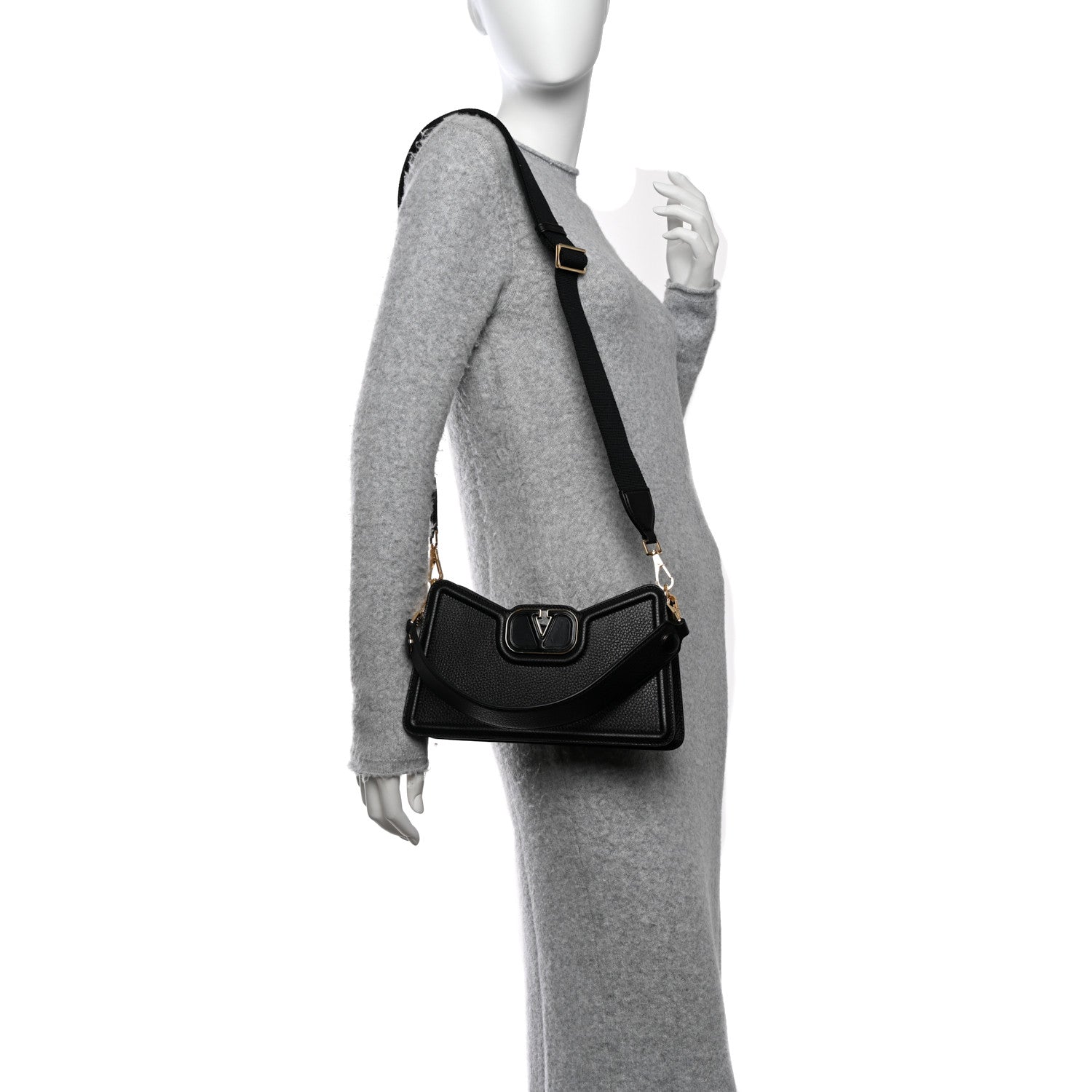 Valentino Garavani Grainy Calfskin VLogo Leather Shoulder Bag Black 2 of 9