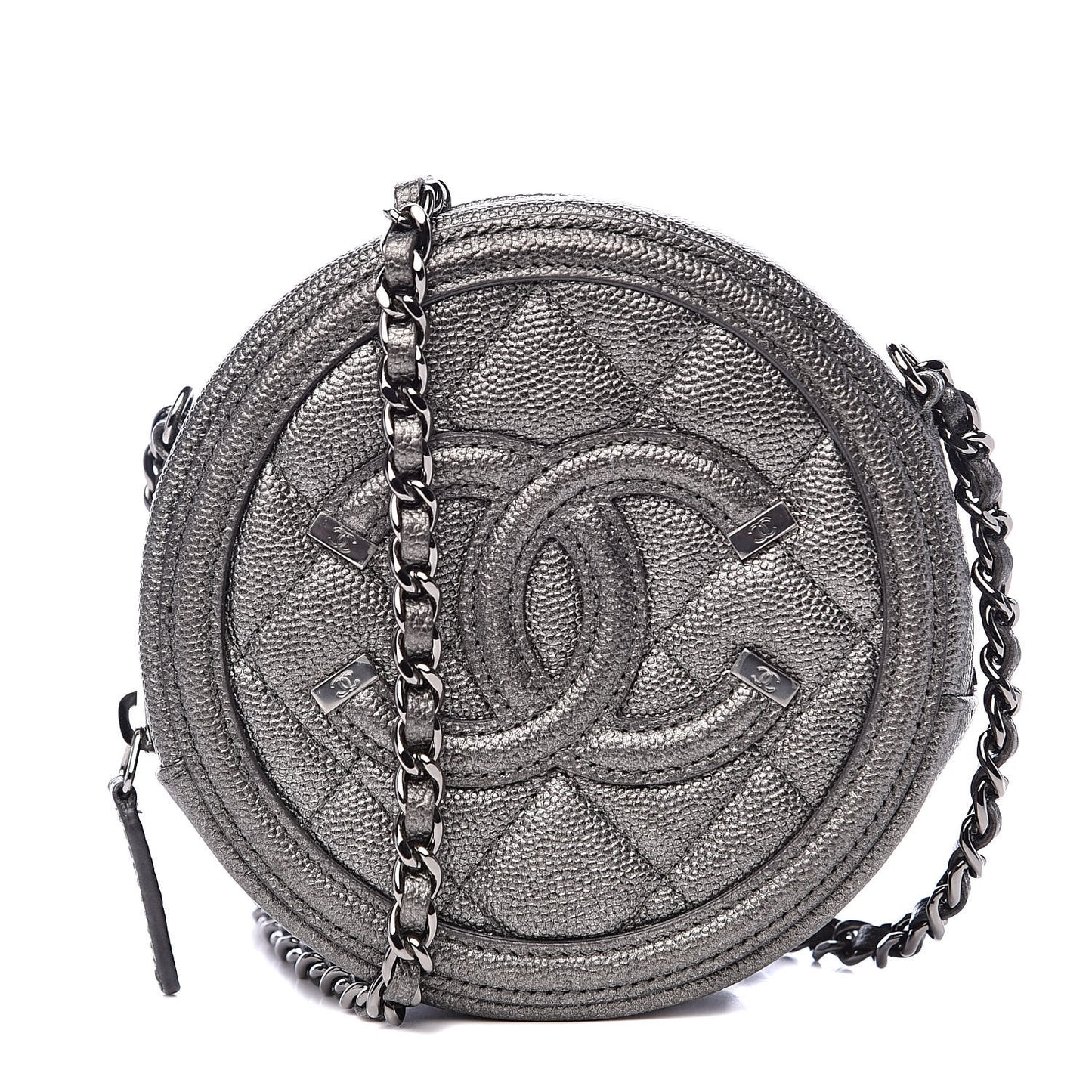 Metallic Caviar Quilted Round Filigree Crossbody Dark Silver