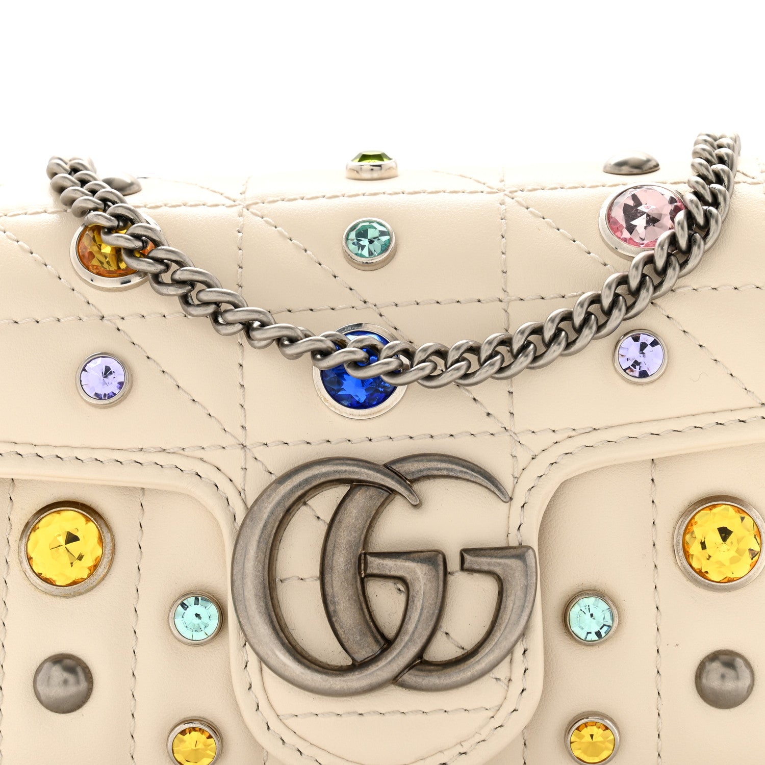 Gucci Calfskin Crystal Matelasse Aria Super Mini GG Marmont Shoulder Bag Mystic White Multicolor 8 of 11