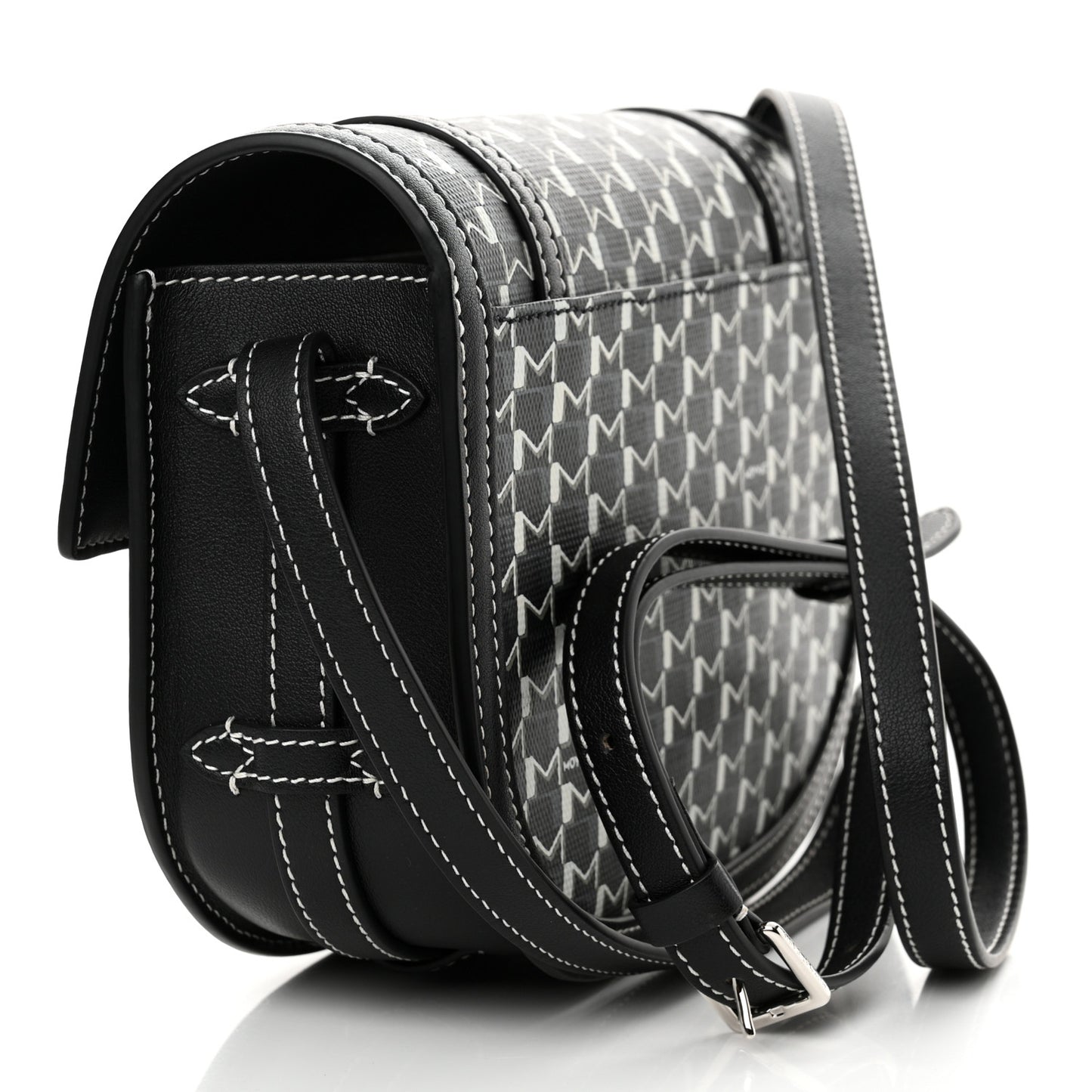 Grained Calfskin Canvas M Besace Bag Black White