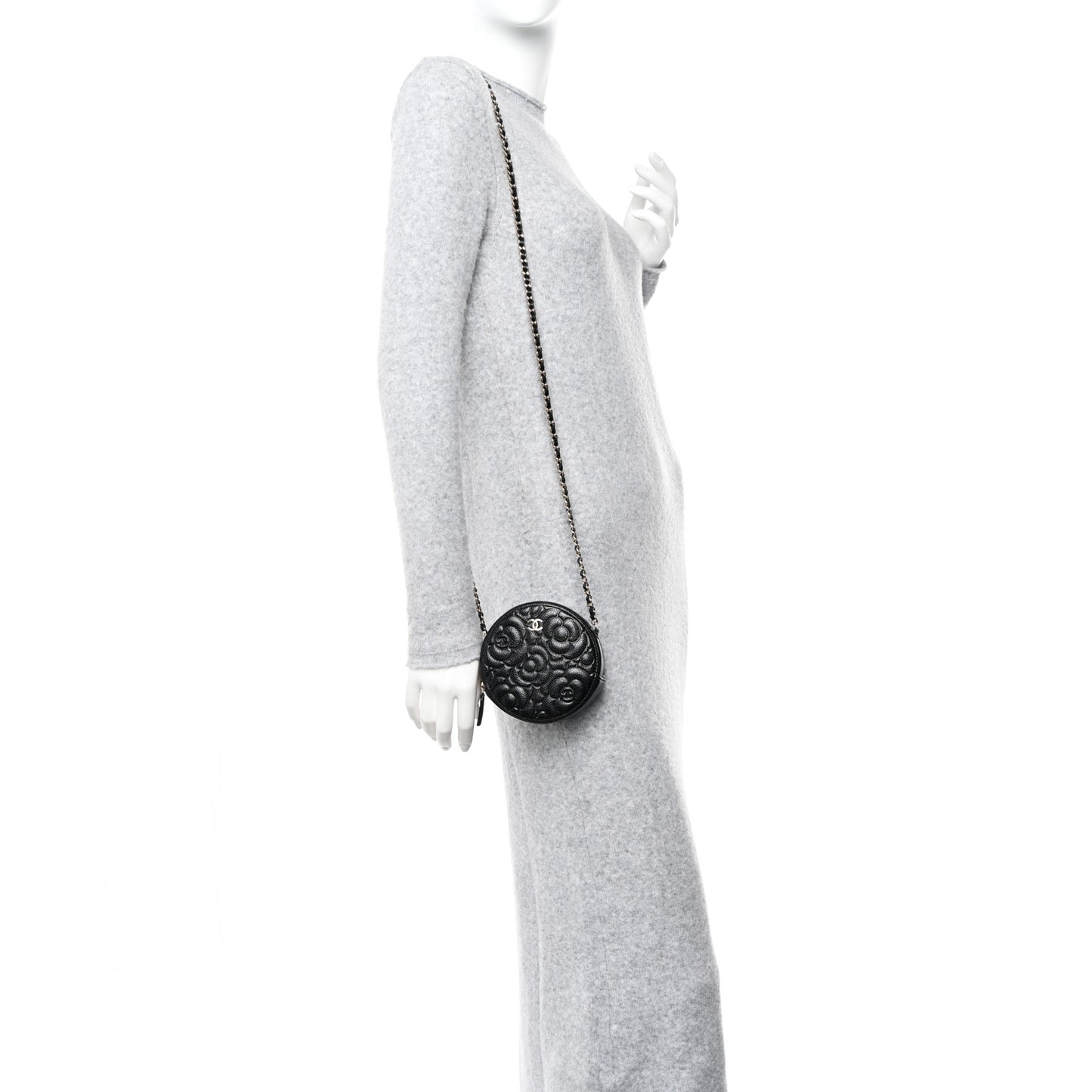 Caviar Camellia Quilted Round Clutch With Chain Black