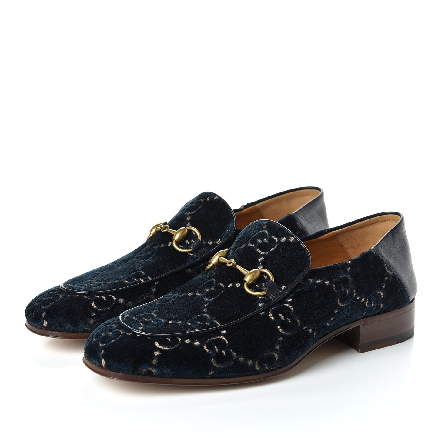 Velvet GG Monogram Goatskin Mens Horsebit Loafers 8 Blue Beige