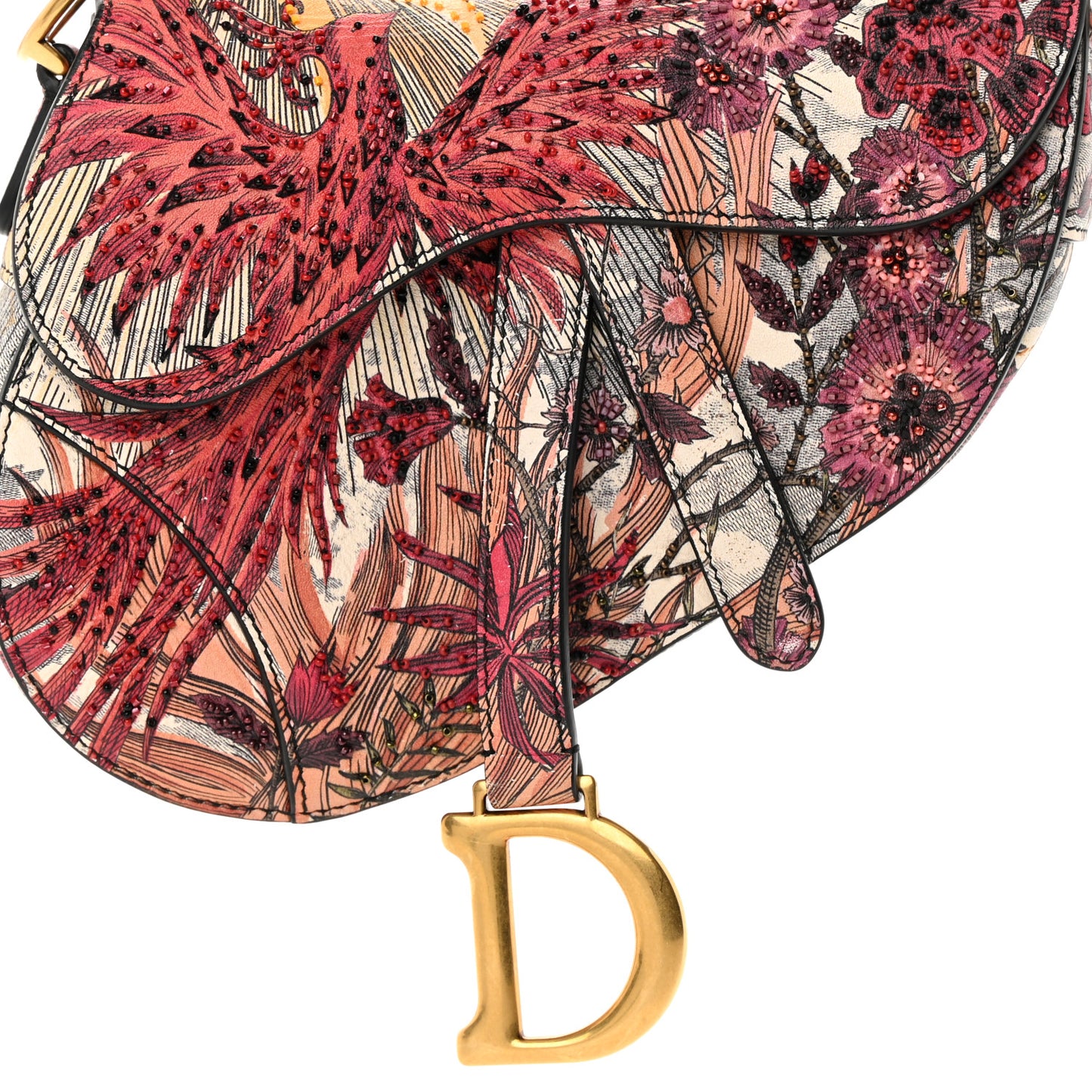 Calfskin Embroidered Phoenix Mini Saddle Bag Red Multicolor