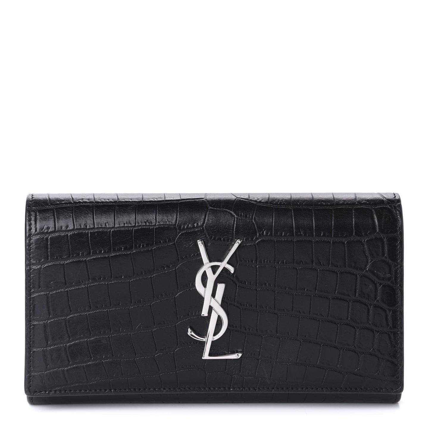 Calfskin Crocodile Embossed Monogram Flap Wallet Black