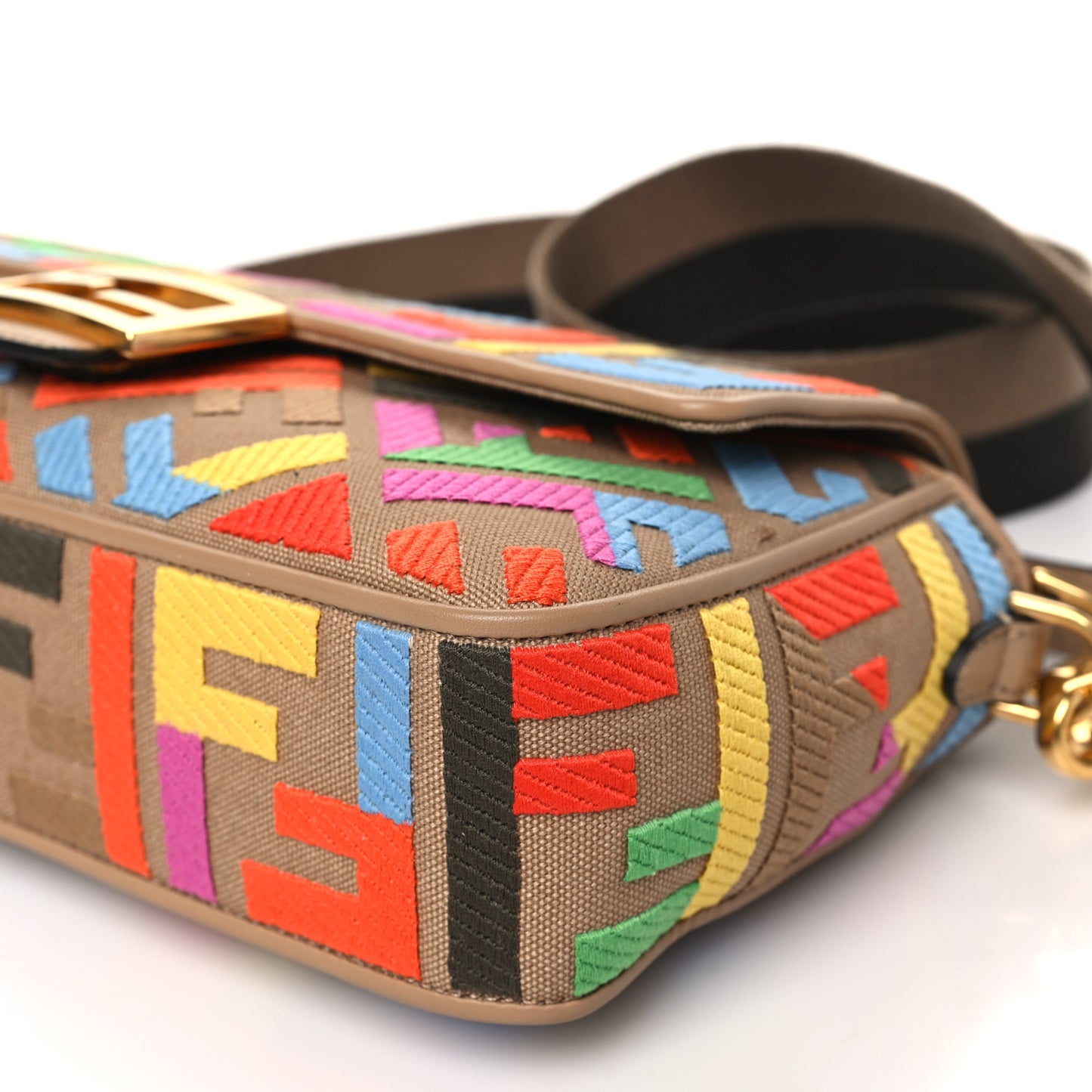 Canvas Vitello King FF Multicolor Embroidered Baguette Multicolor Cuoio