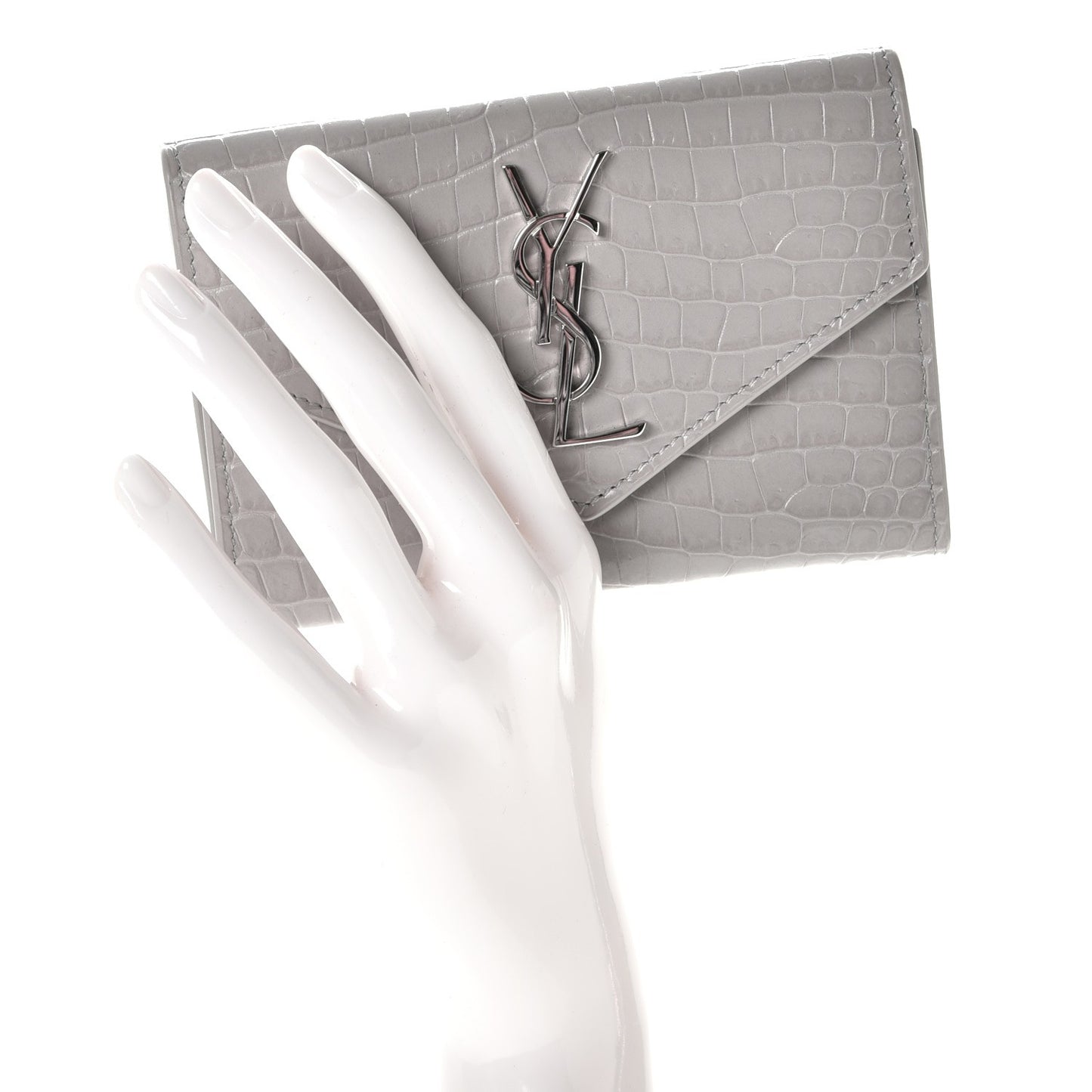 Shiny Calfskin Crocodile Embossed Monogram Envelope Wallet Mouse Grey
