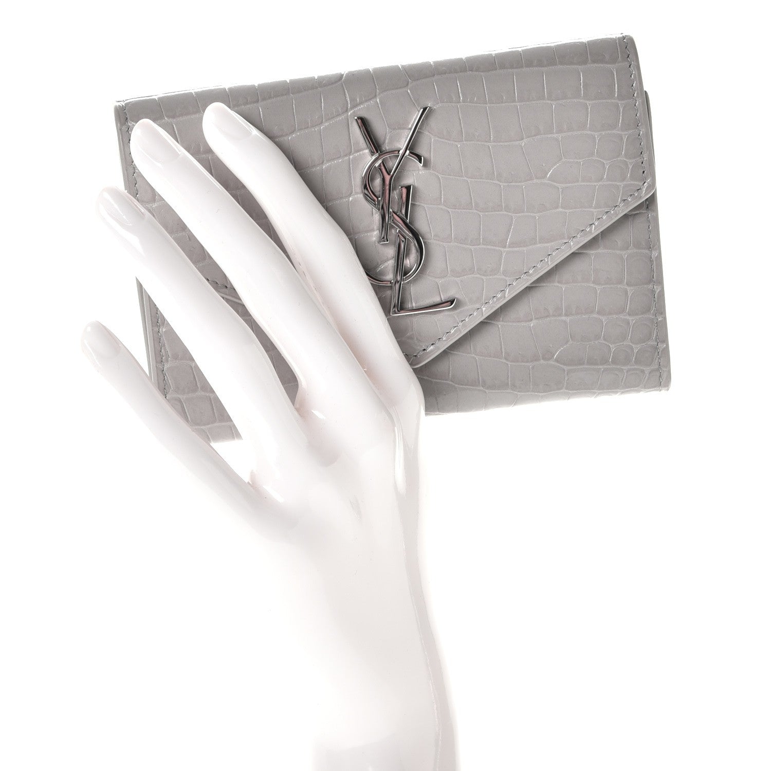 Saint Laurent Shiny Calfskin Crocodile Embossed Monogram Envelope Wallet Mouse Grey 2 of 8