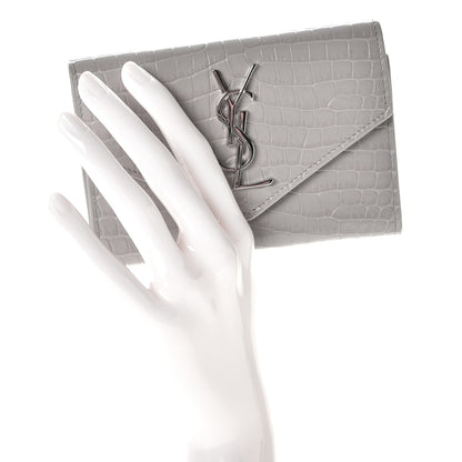 Saint Laurent Shiny Calfskin Crocodile Embossed Monogram Envelope Wallet Mouse Grey 2 of 8