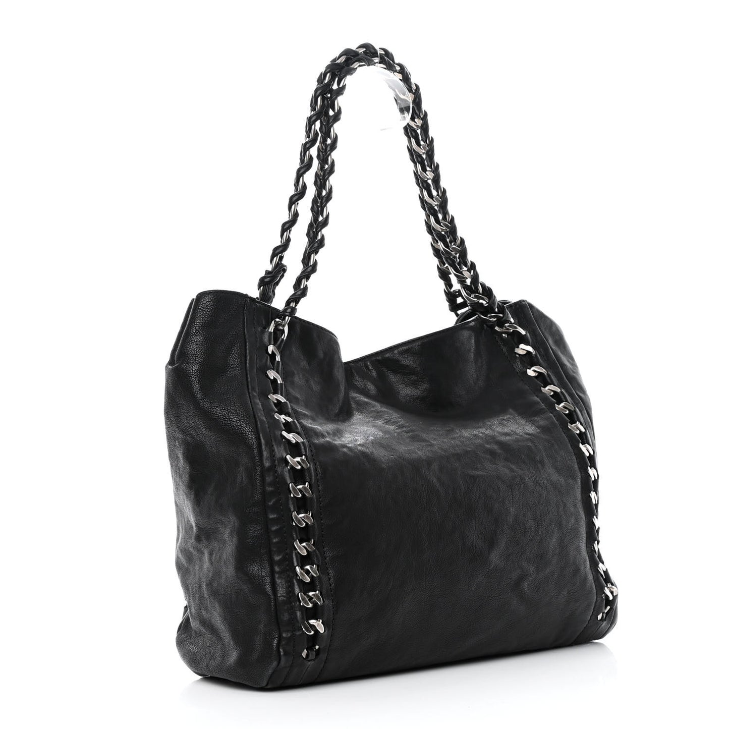 Glazed Calfskin Modern Chain Tote Black