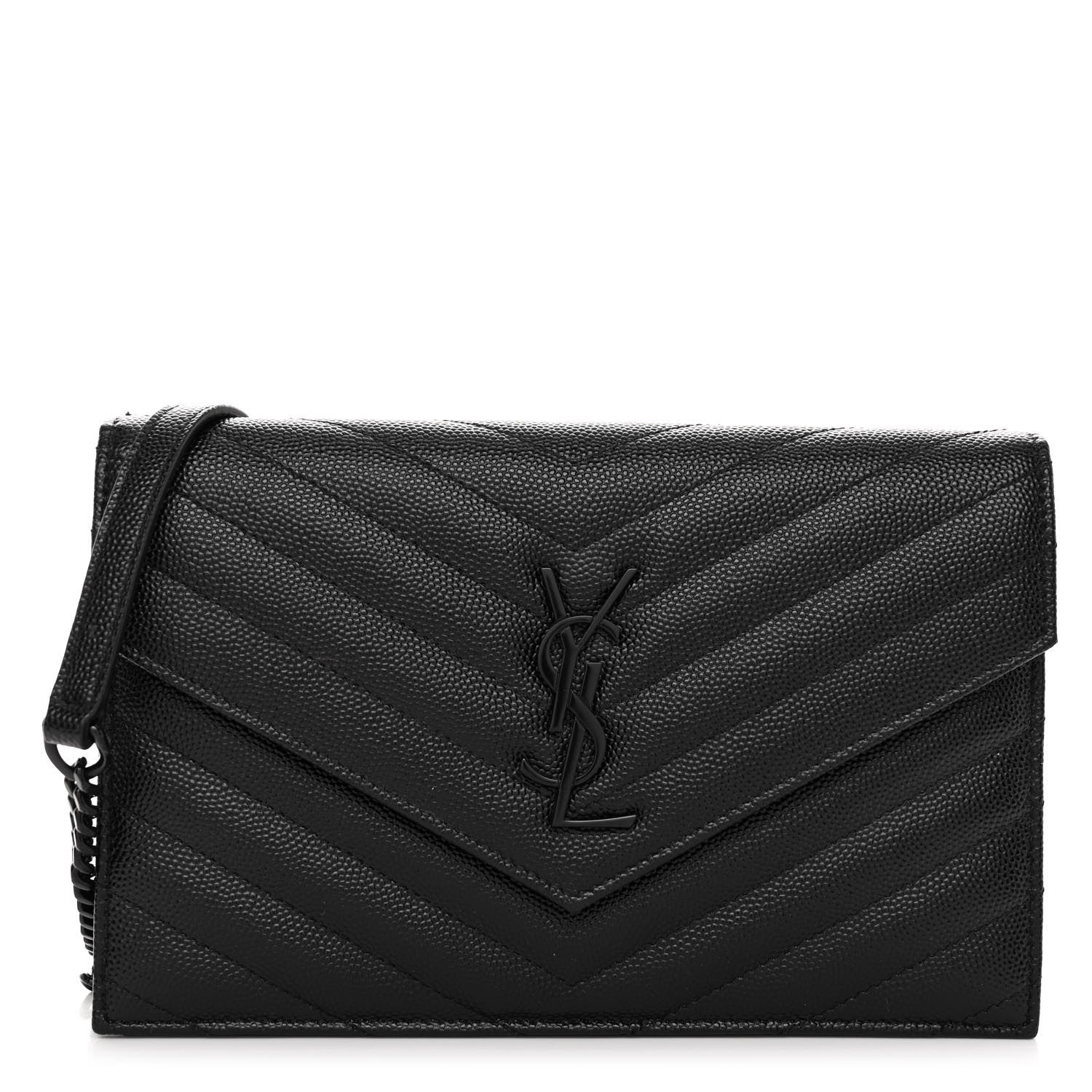 Saint Laurent SAINT LAURENT Grain De Poudre Matelasse Chevron Monogram Monochrome Envelope Chain Wallet Black 1 of 11