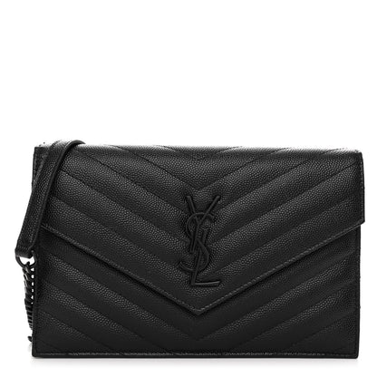 Saint Laurent SAINT LAURENT Grain De Poudre Matelasse Chevron Monogram Monochrome Envelope Chain Wallet Black 1 of 11