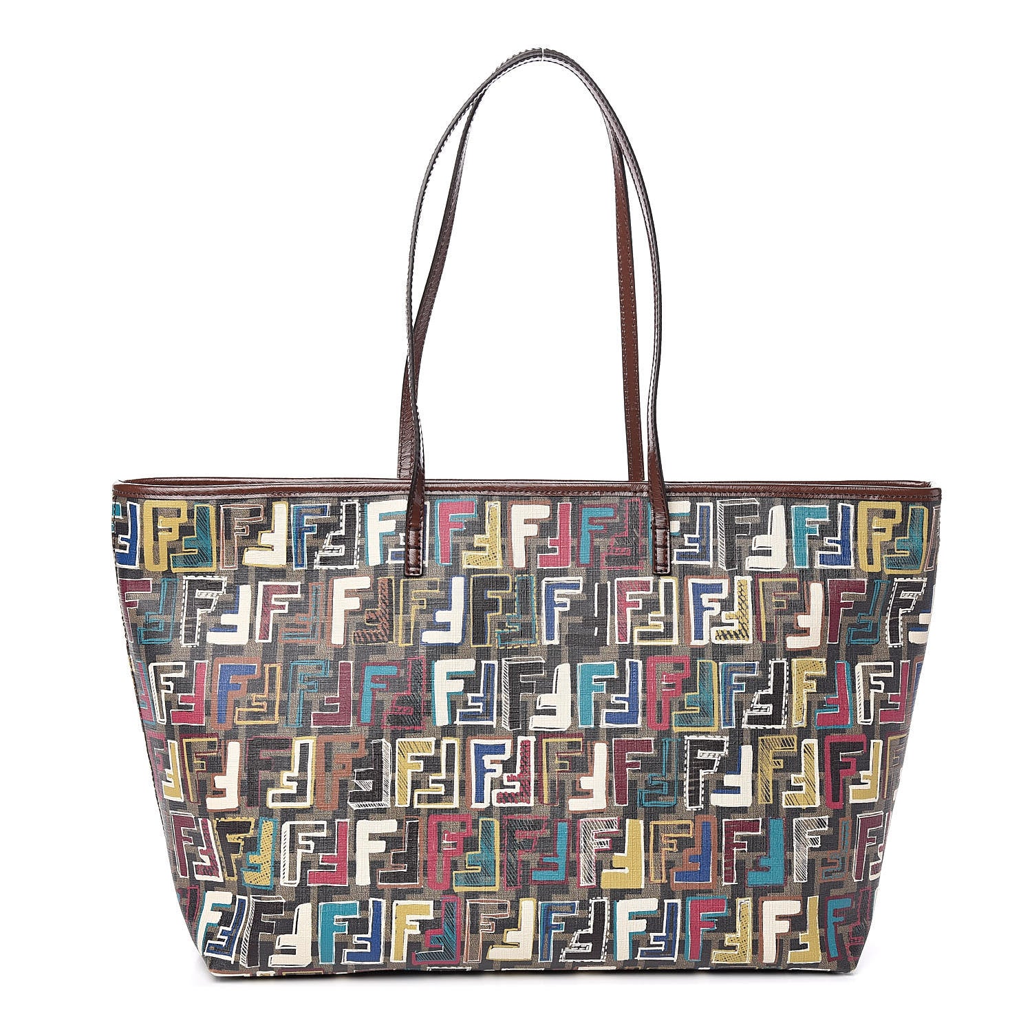 Fendi Zucca Spalmati Vitello FF Multicolor Medium Roll Tote Tobacco Multicolor Marrone 1 of 10