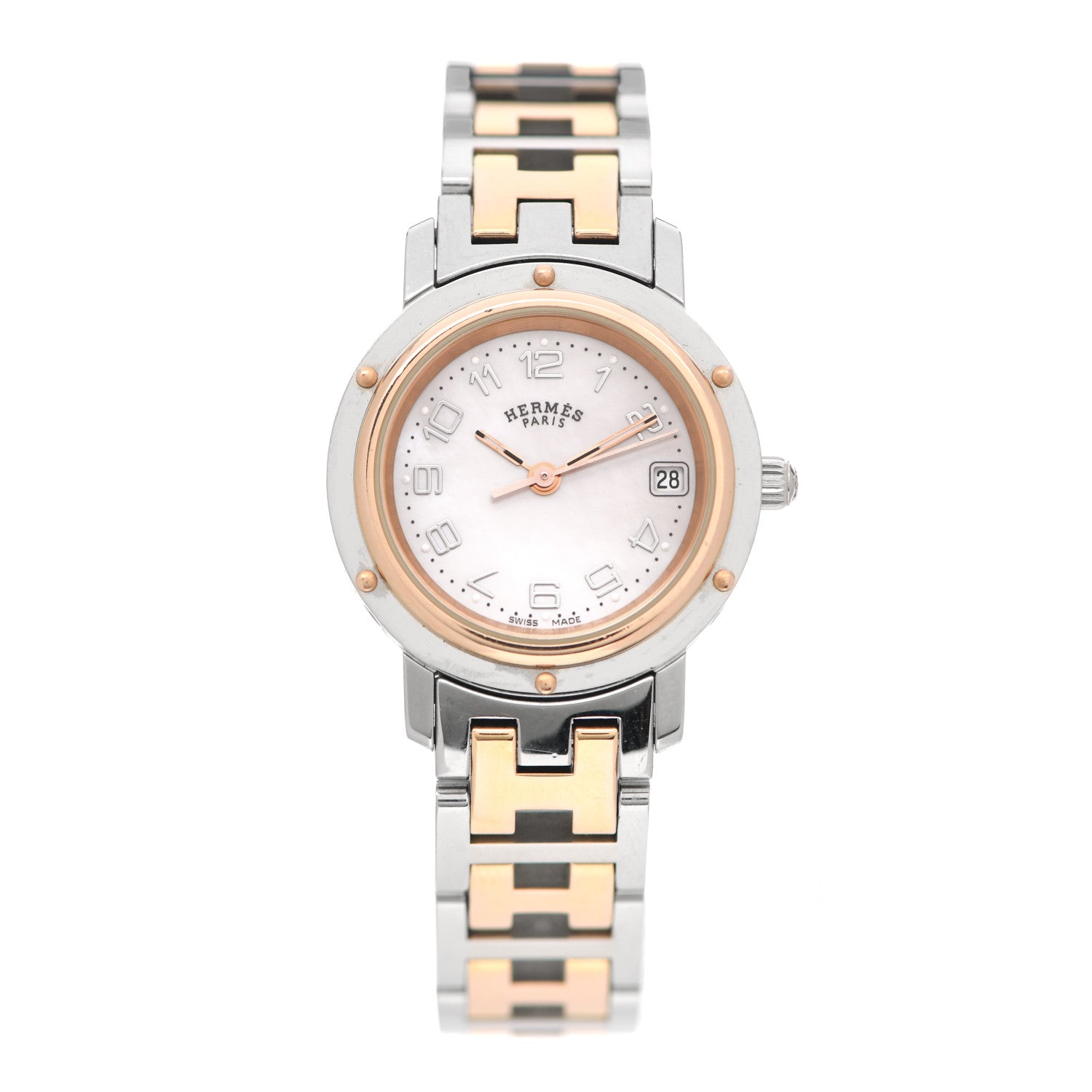 Hermes Stainless Steel Mother of Pearl 24mm Clipper Quartz Watch Rose Gold 2 of 8