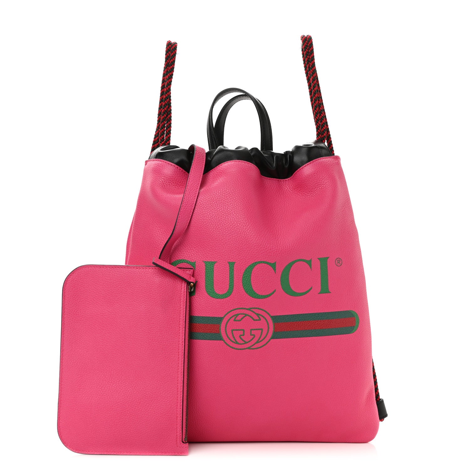 Gucci Grained Calfskin Logo Drawstring Backpack Box Pink Green Black 1 of 8