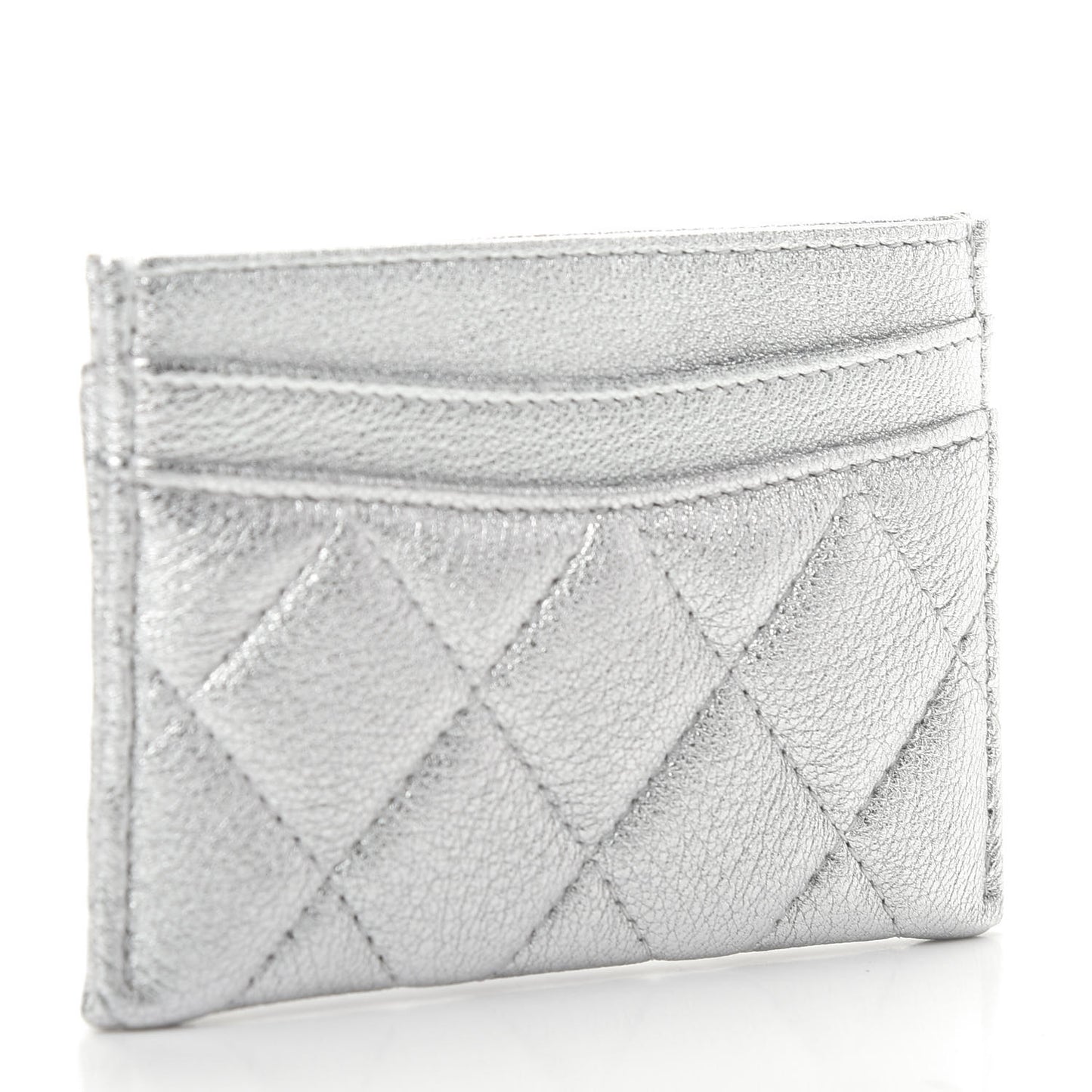 Metallic Lambskin Quilted Card Holder Silver