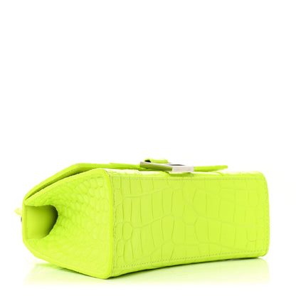 Balenciaga Shiny Calfskin Crocodile Embossed Hourglass Top Handle Bag XS Fluo Yellow 4 of 12