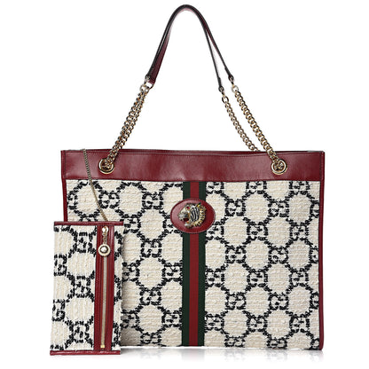Gucci Tweed GG Monogram Large Rajah Chain Tote White Black Romantic Cherry 1 of 11