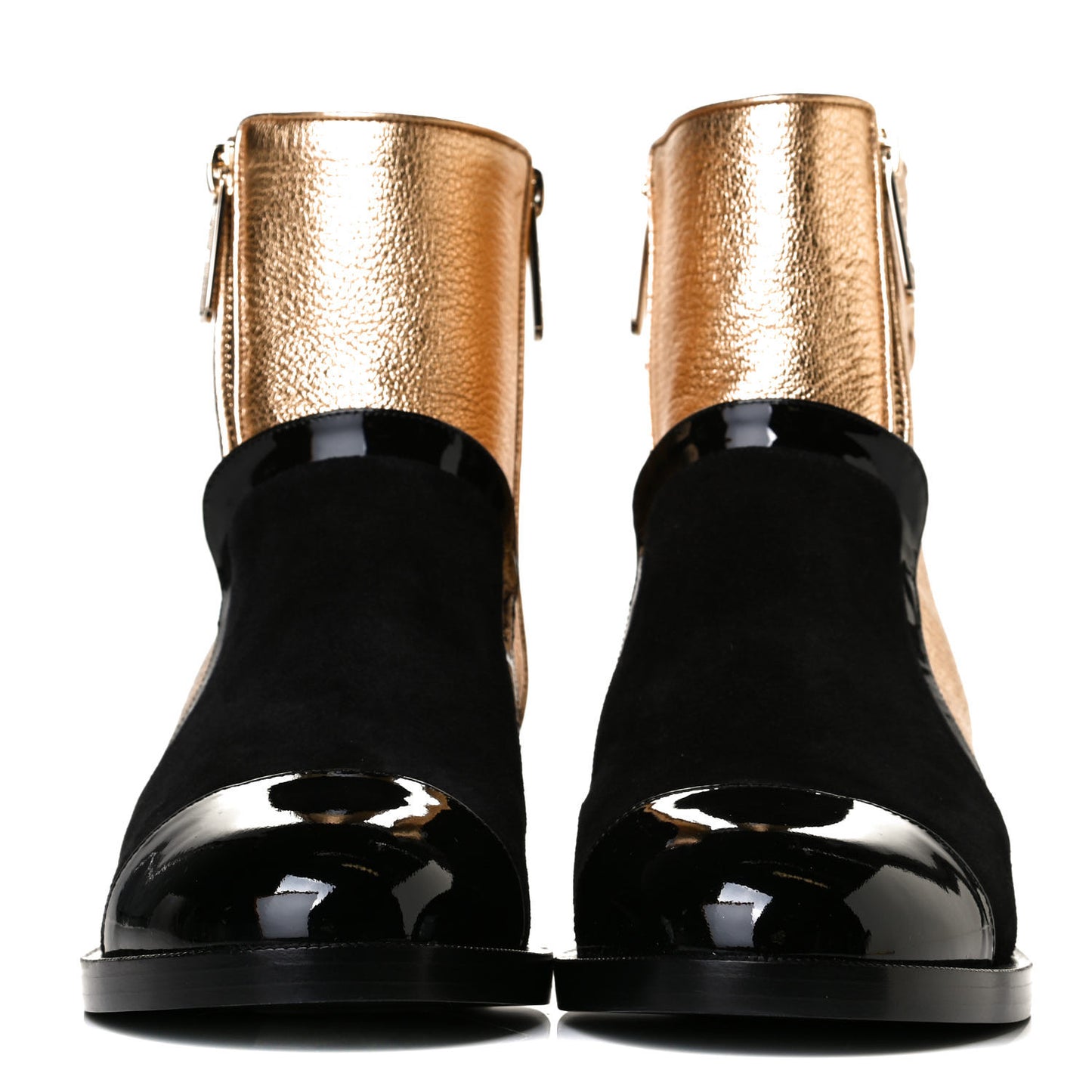 Metallic Calfskin Suede Patent Cap Toe CC Zip Boots 38.5 Gold Black