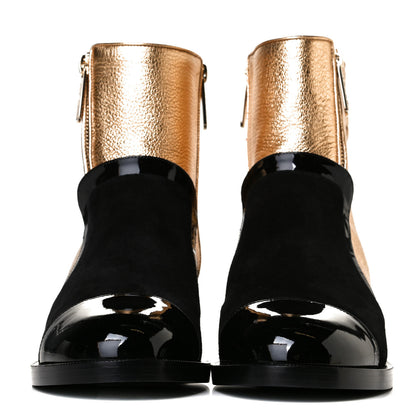 Chanel Metallic Calfskin Suede Patent Cap Toe CC Zip Boots 38.5 Gold Black 2 of 7