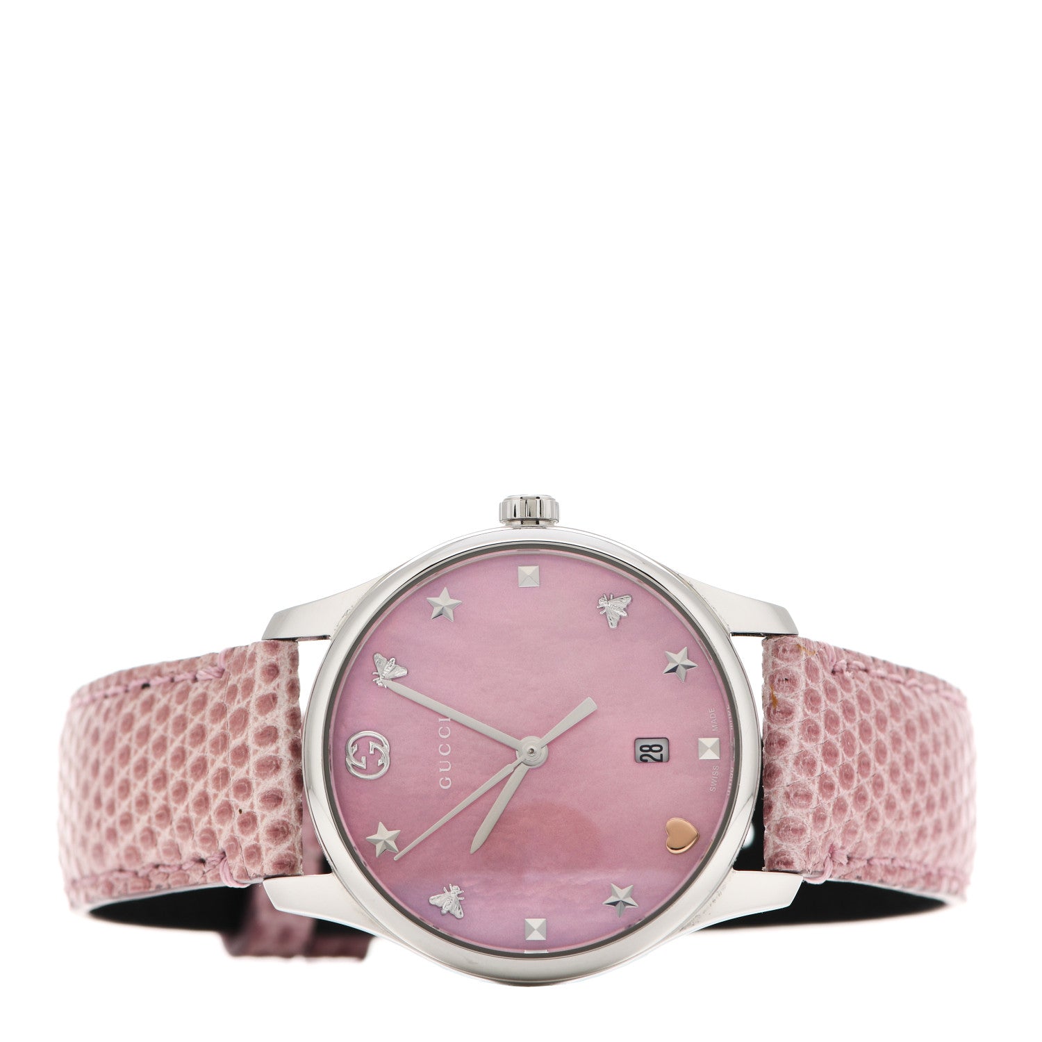 Gucci Stainless Steel Lizard Pink Mother of Pearl 29mm G-Timeless Charm Quartz Watch 2 of 5