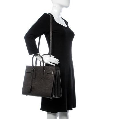 Saint Laurent Calfskin Crocodile Embossed Small Sac De Jour Coal 3 of 10
