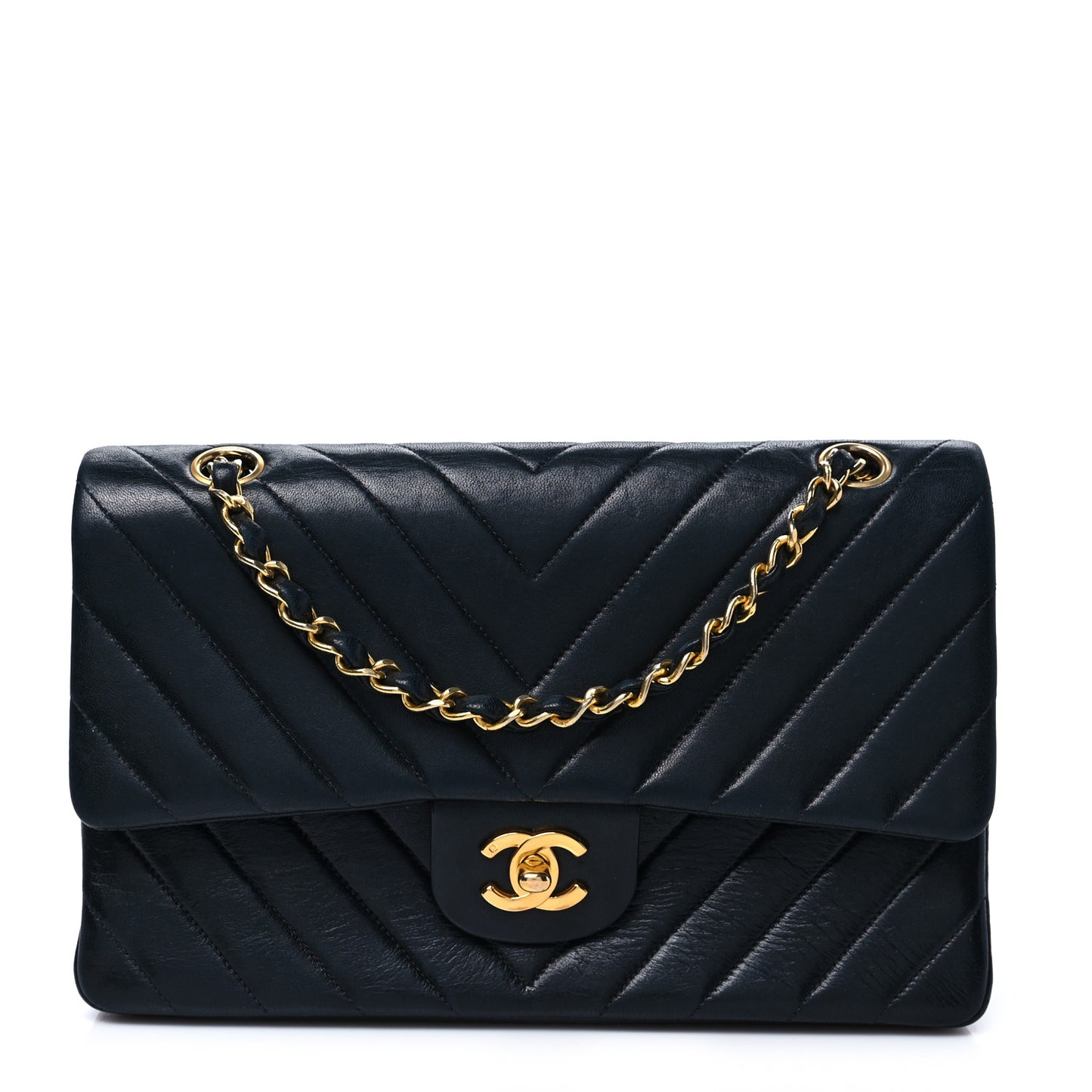 Lambskin Chevron Quilted Medium Double Flap Navy