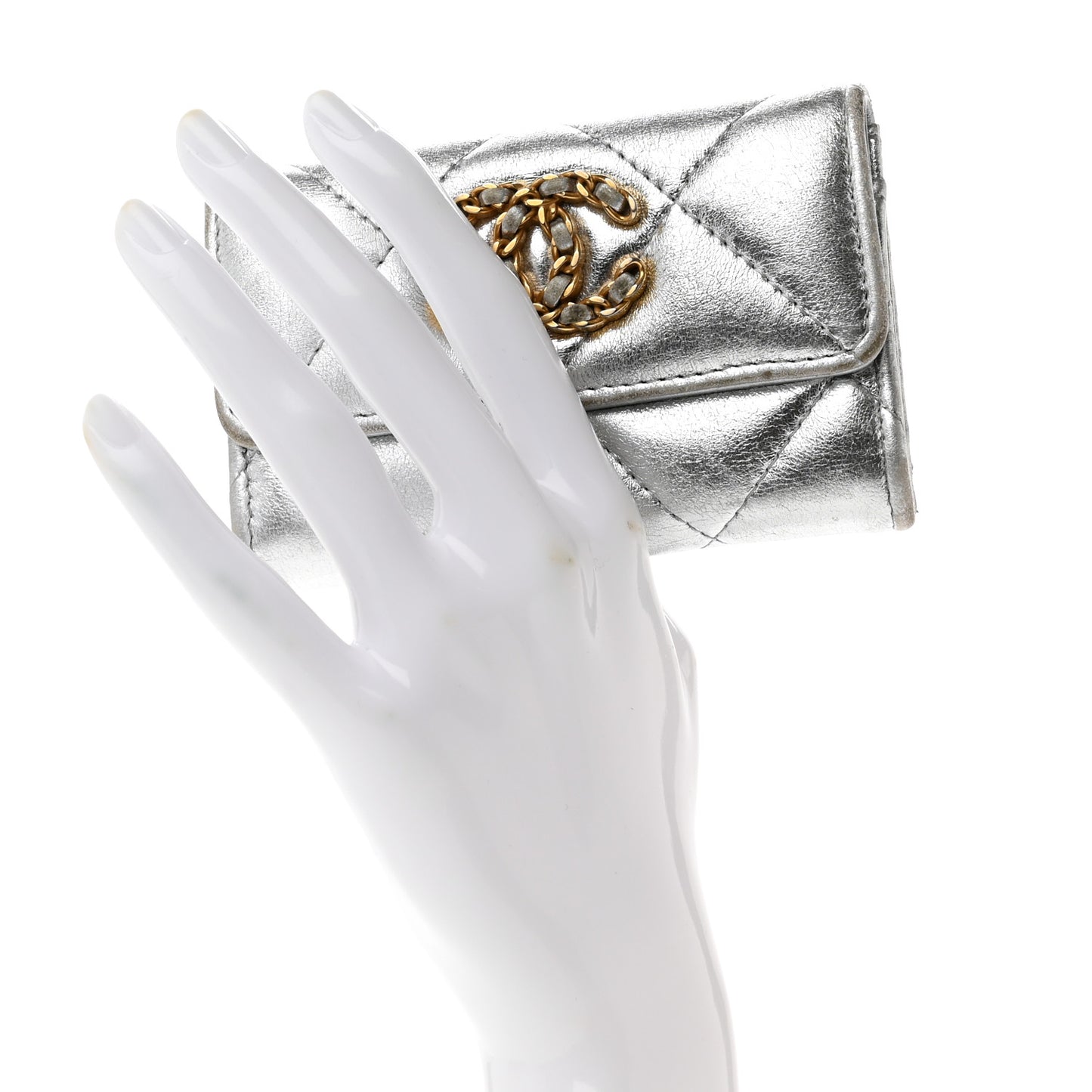 Metallic Lambskin Quilted Chanel 19 Flap Card Holder Silver