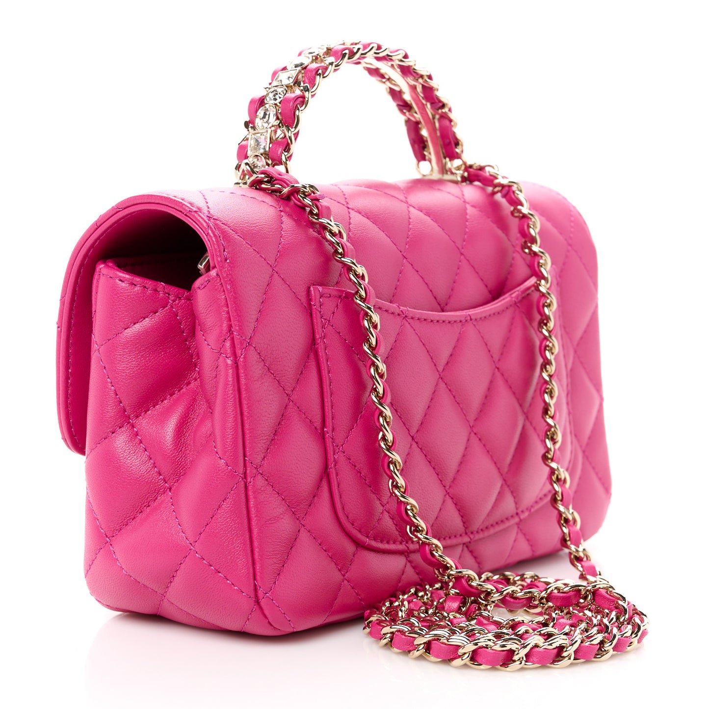Lambskin Quilted Mini Crystal Top Handle Rectangular Flap Dark Pink