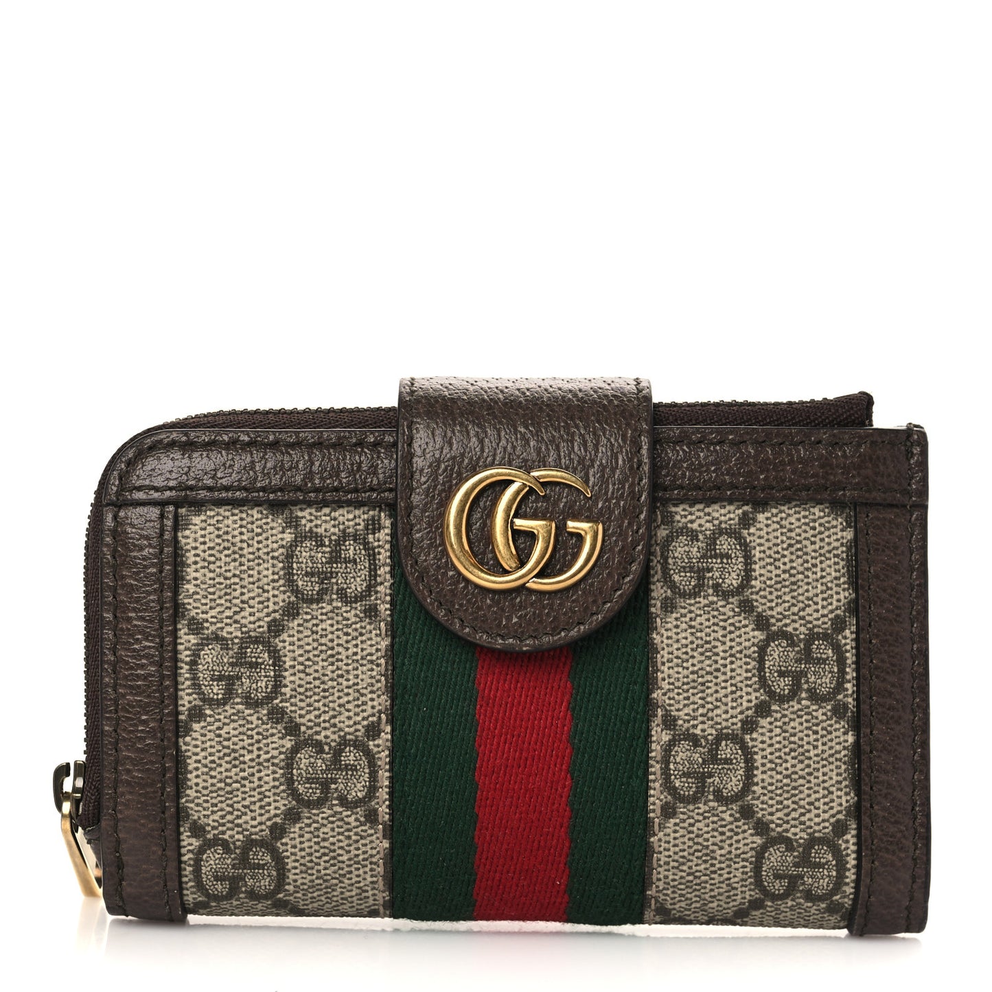 GG Supreme Monogram Textured Dollar Calfskin Web Ophidia Overlay Zip Around Card Case Wallet Beige Ebony New Acero