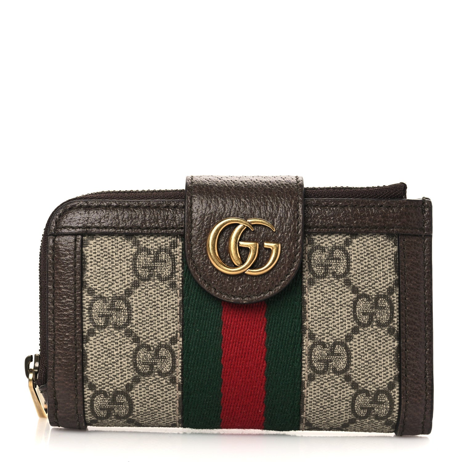 Gucci GG Supreme Monogram Textured Dollar Calfskin Web Ophidia Overlay Zip Around Card Case Wallet Beige Ebony New Acero 1 of 6