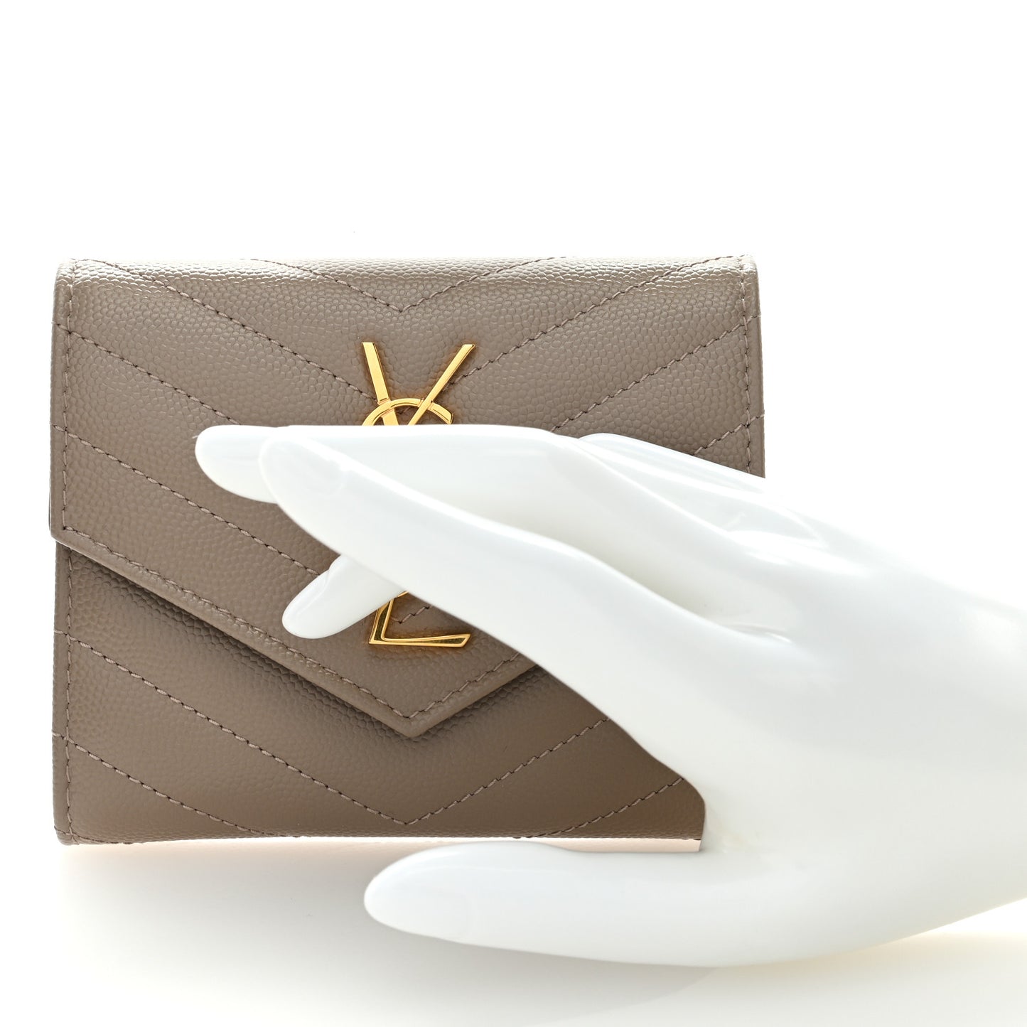 Grain De Poudre Matelasse Chevron Monogram Compact Tri Fold Wallet Light Taupe