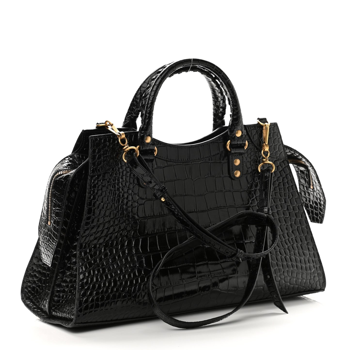 Shiny Supple Calfskin Crocodile Embossed Brass Hardware Neo Classic City Black