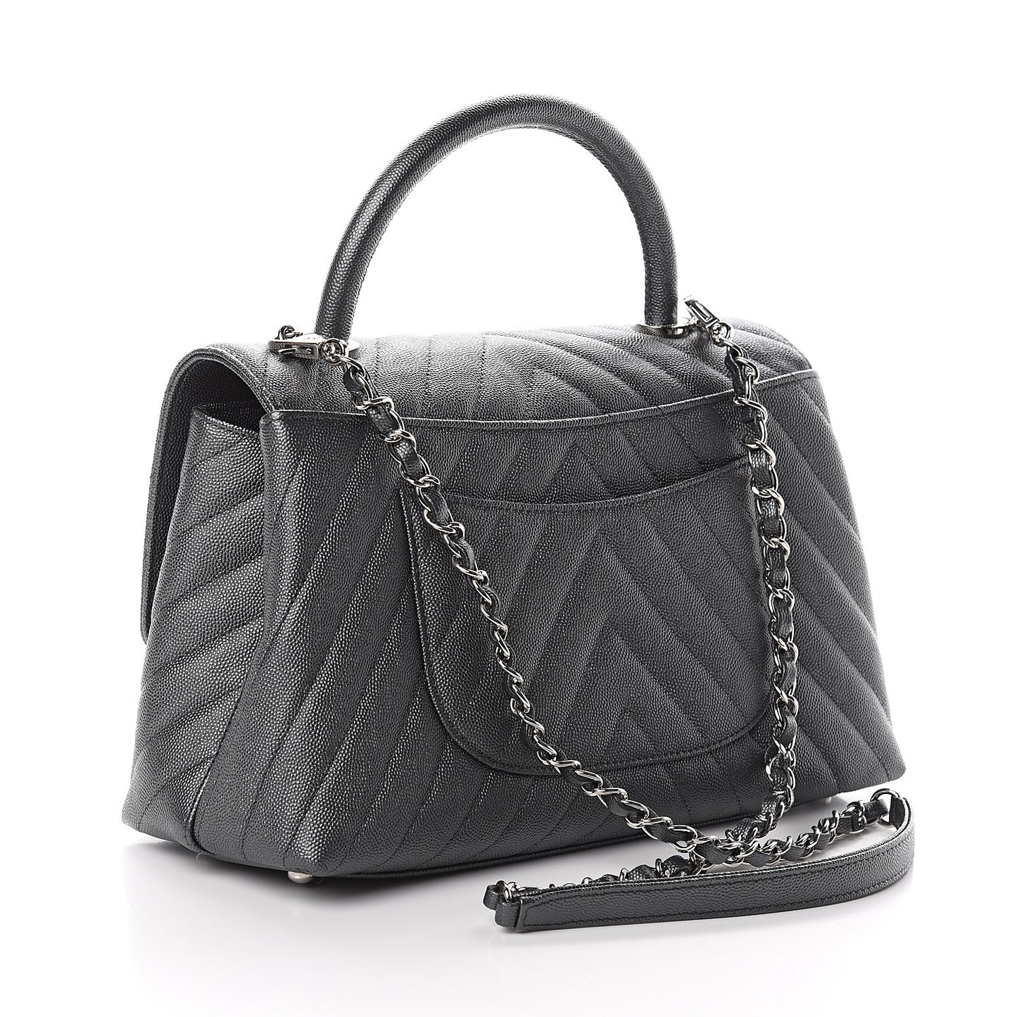 Caviar Chevron Quilted Small Coco Handle Flap Dark Grey