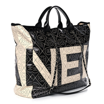 Chanel Coated Canvas Camellia Large Shopping Tote Black Beige 2 of 9