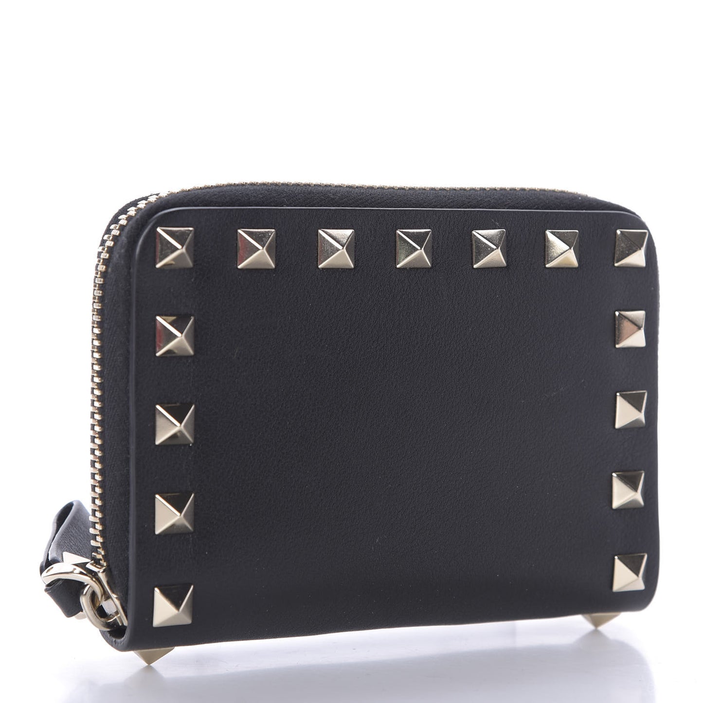 Calfskin Rockstud Zip Around Coin Case Card Holder Black