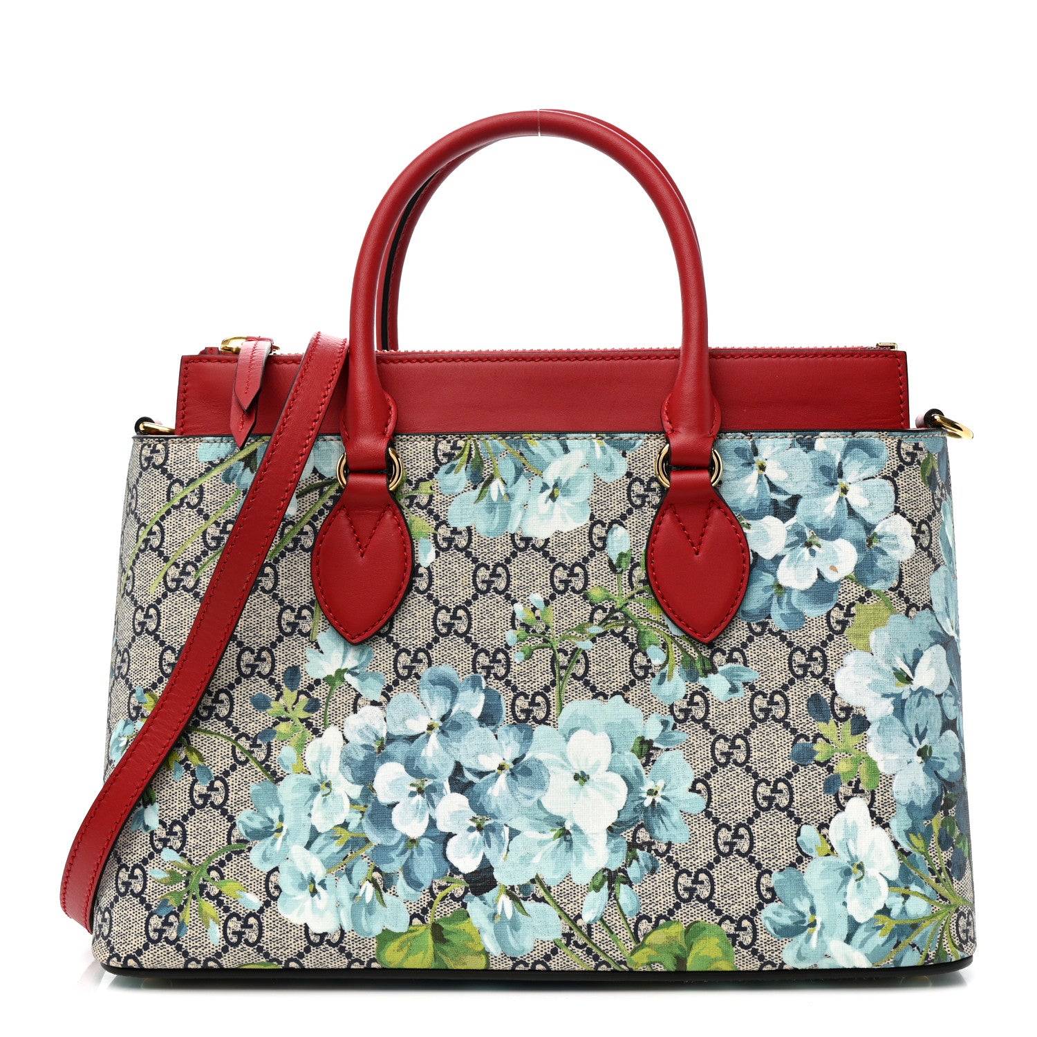 Gucci GG Supreme Monogram Blooms Small Zip Top Tote Beige Blue Navy Hibiscus Red 1 of 10