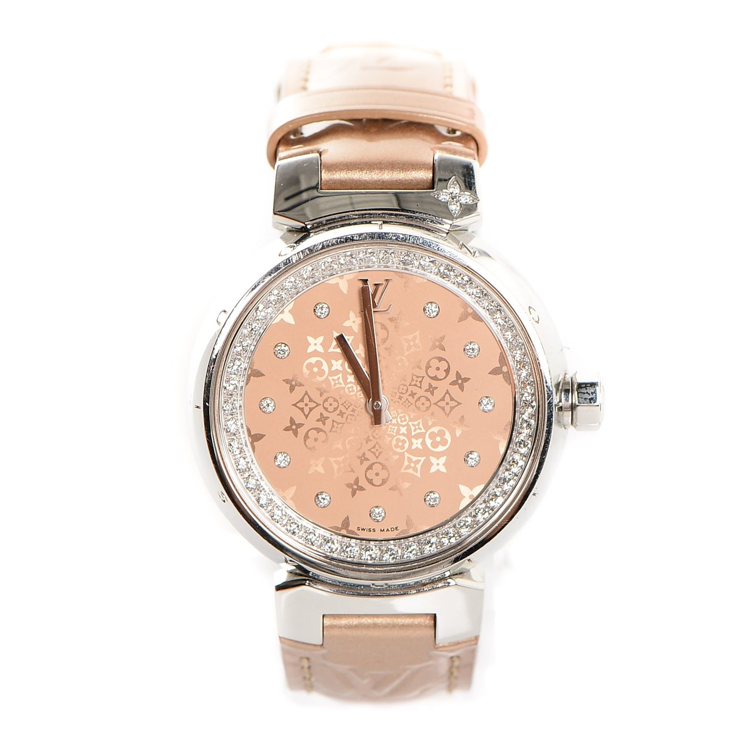 Stainless Steel Vernis Diamond 34mm Tambour Bijou Quartz Watch Beige