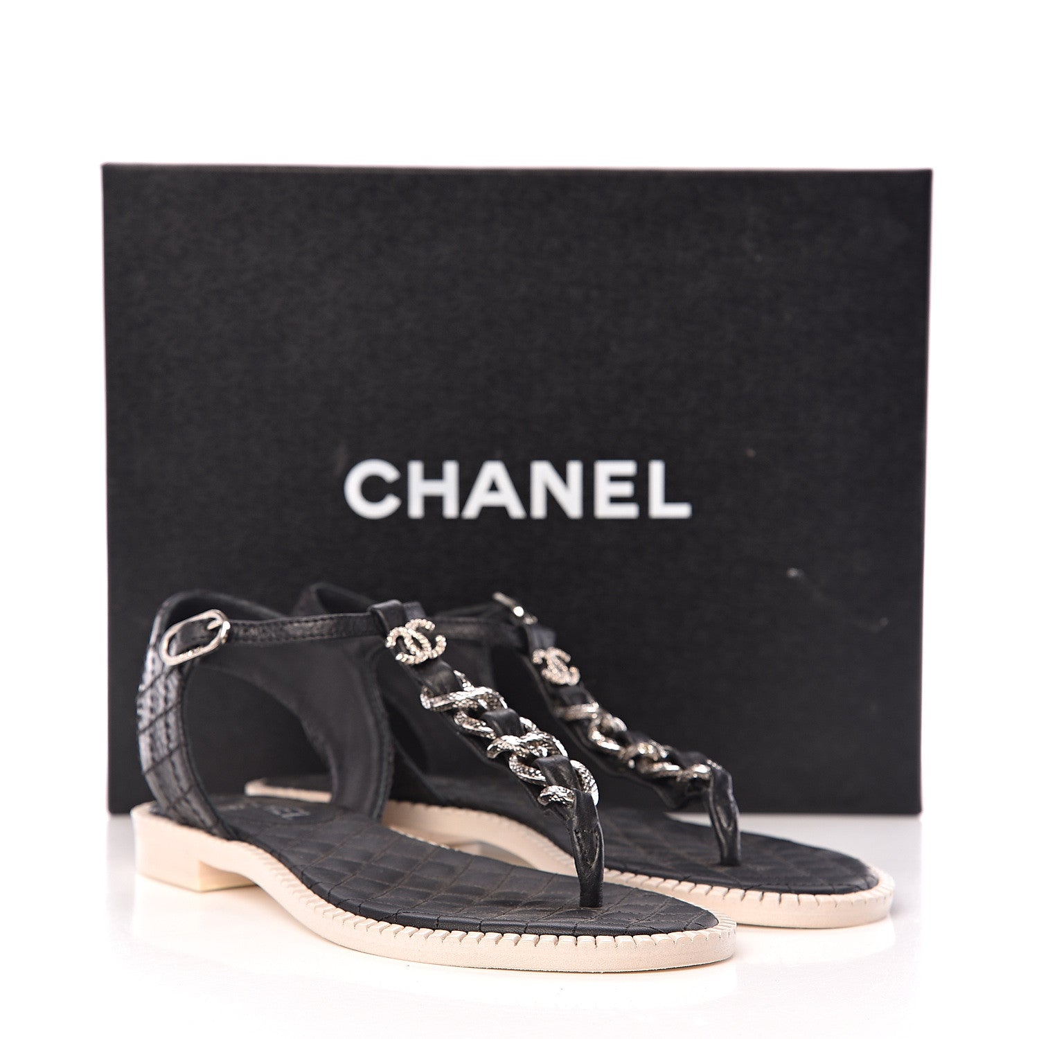 Chanel Souple Calfskin Chain CC Thong Sandals 37 Black White 11 of 11