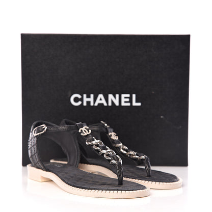 Chanel Souple Calfskin Chain CC Thong Sandals 37 Black White 11 of 11
