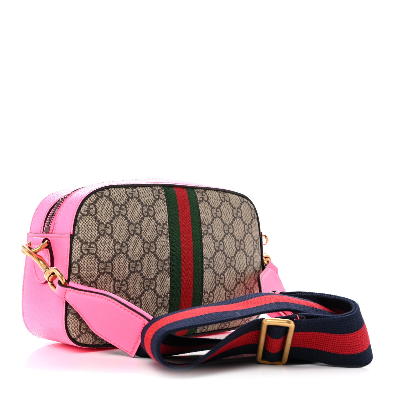 Gucci GG Supreme Monogram Textured Dollar Calfskin Web Ophidia Small Crossbody Bag Beige Ebony Fuchsia 3 of 10