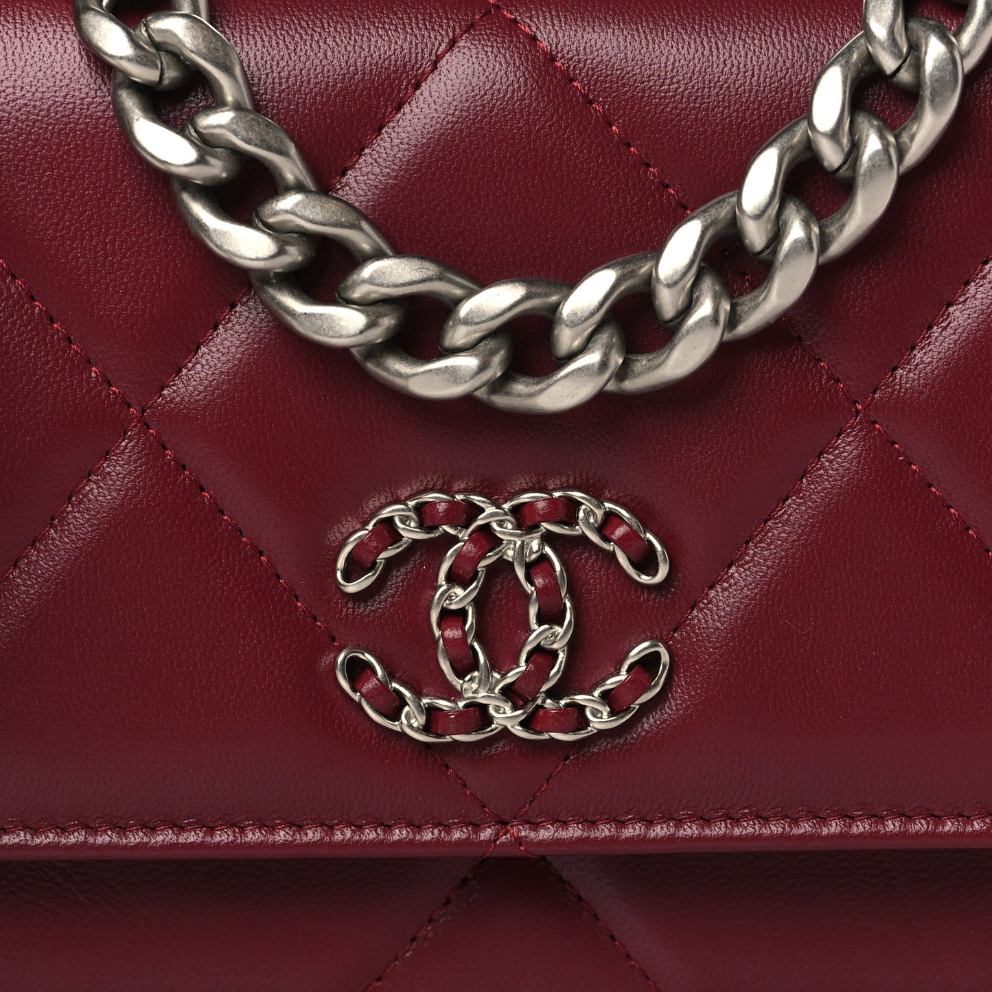 Lambskin Quilted Chanel 19 Wallet On Chain WOC Burgundy