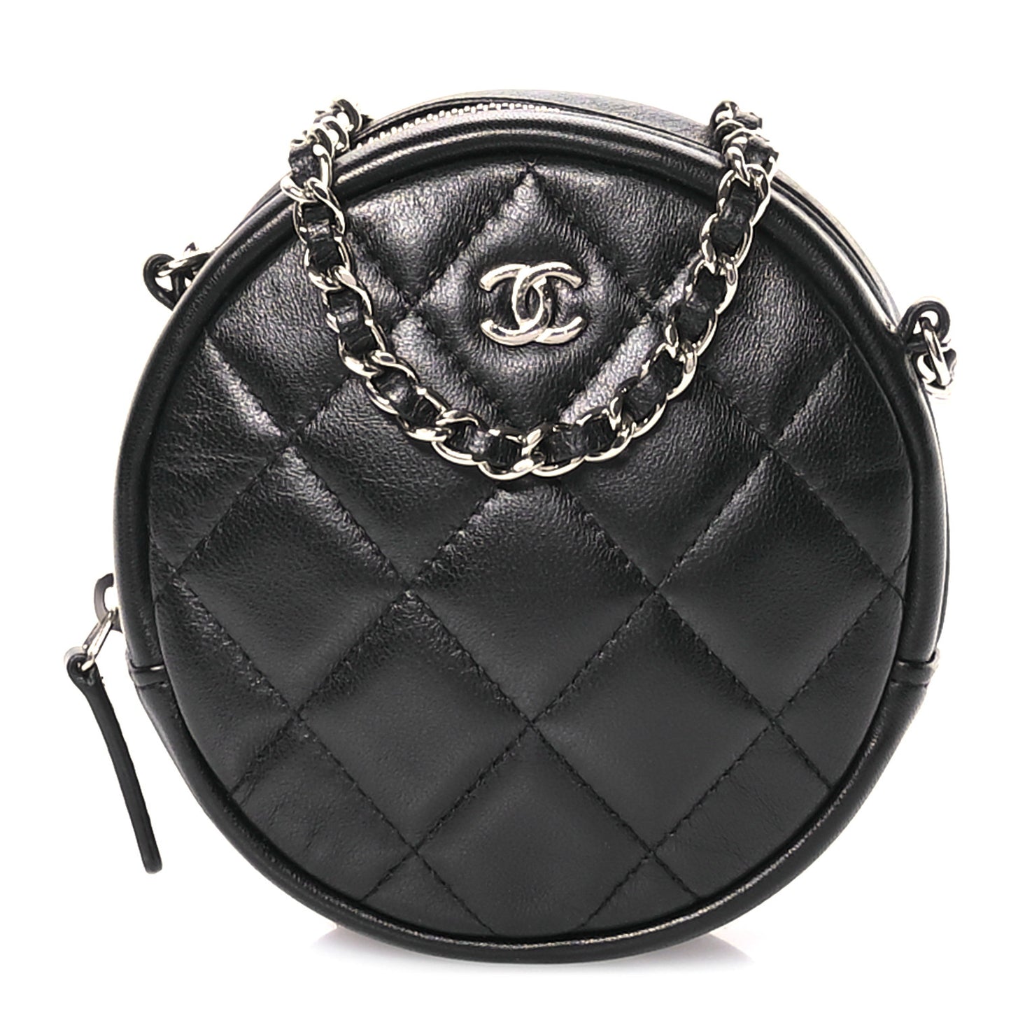 Lambskin Quilted Round Clutch With Chain Black