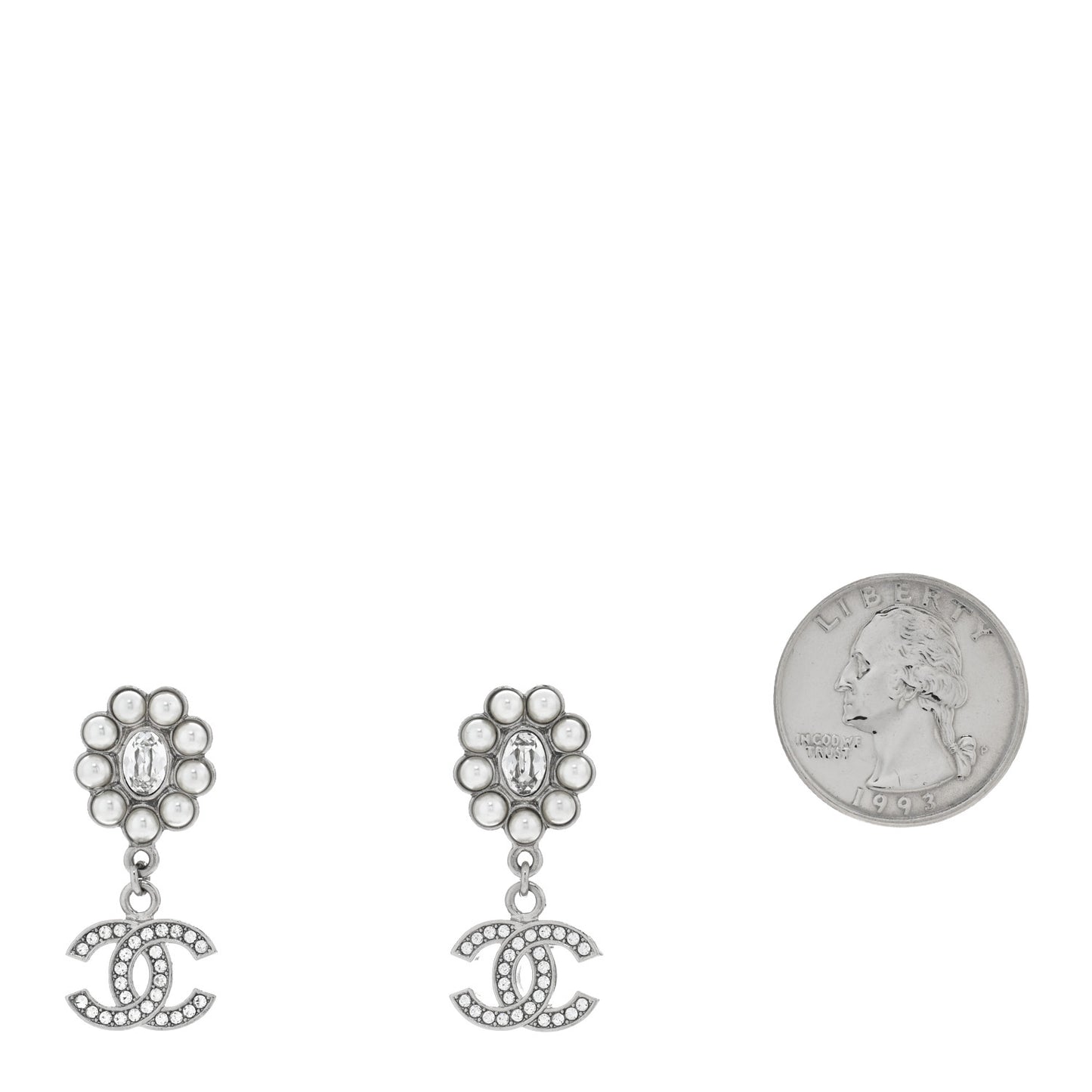 Crystal Pearl Coco Mark CC Drop Earrings Silver