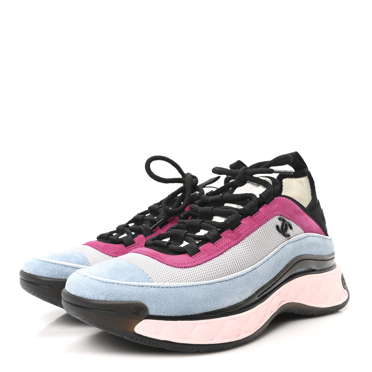 Chanel Fabric Suede CC Sneakers 40 Light Grey Light Blue Fuchsia 4 of 9