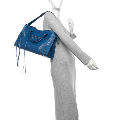 Balenciaga Calfskin Crocodile Embossed Classic Gold Hardware City Bleu Marine 2 of 10