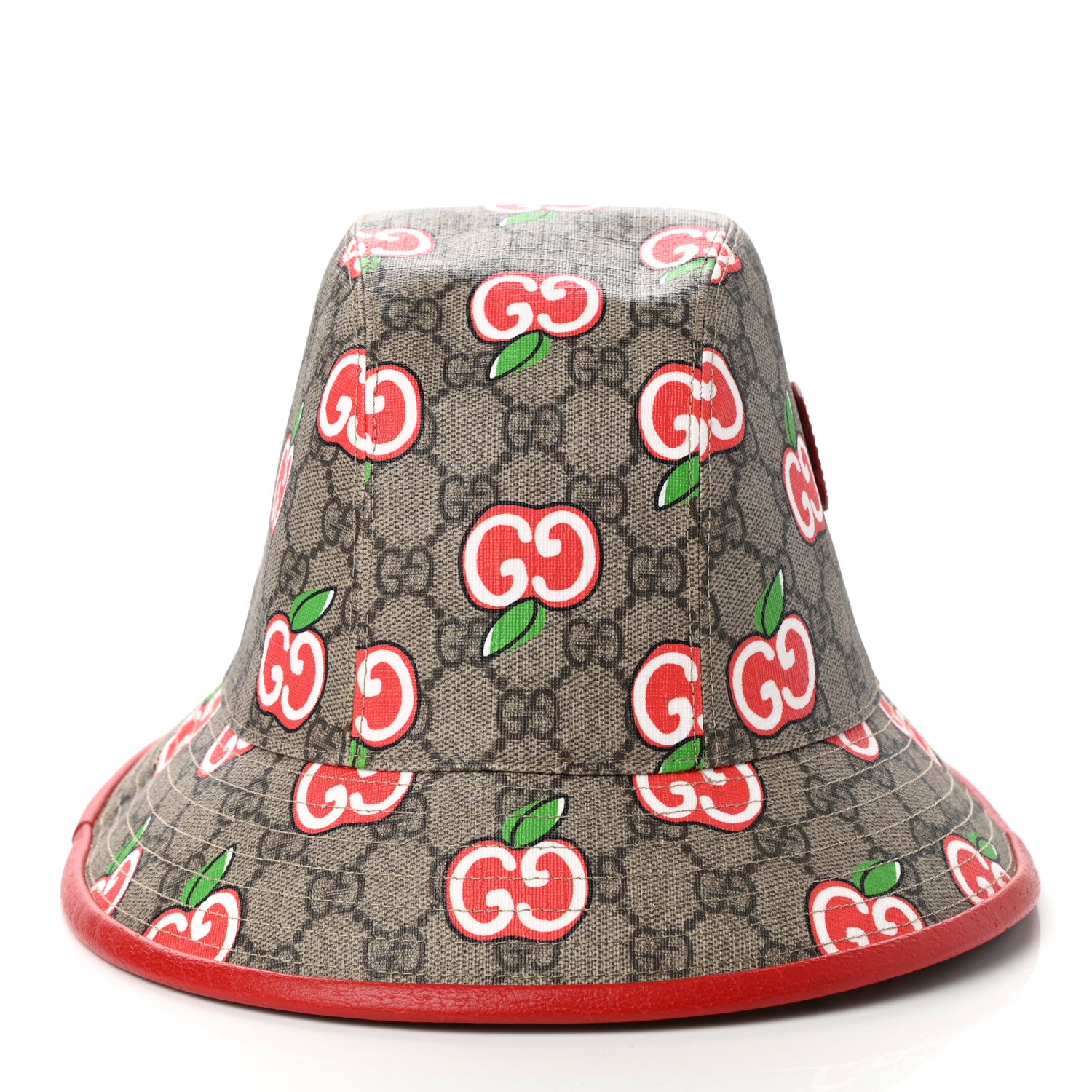 Gucci GG Supreme Monogram Apple Textured Dollar Calfskin Retro Interlocking G Fedora Pomme Bucket Hat M Beige Ebony Red 3 of 9