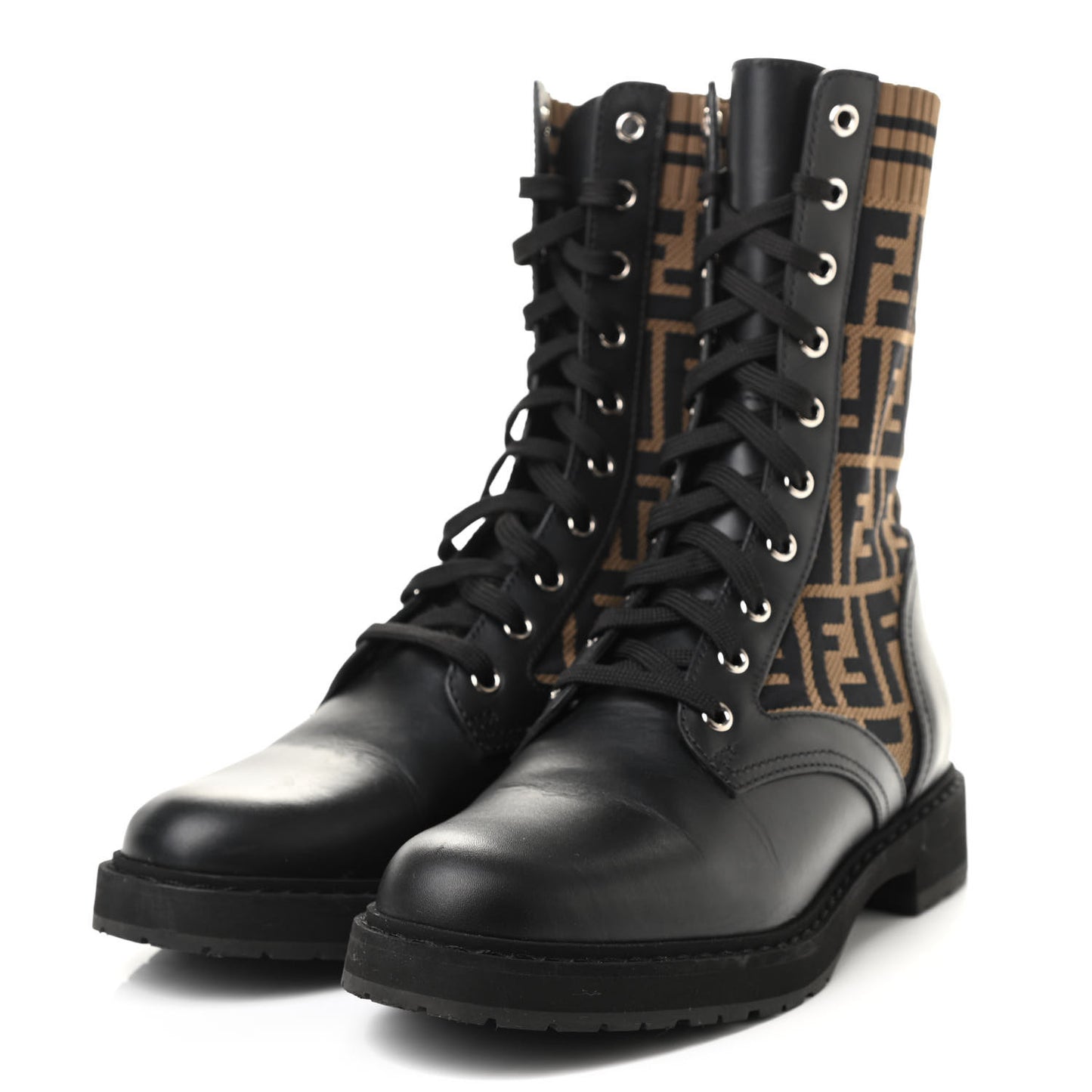 Calfskin Stretch Fabric FF Rockoko Biker Boots 39.5 Black Tobacco
